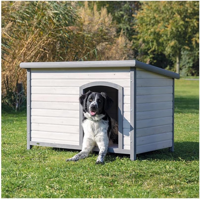 Trixie Natura Classic Dog House - Wooden Outdoor Shelter with Weatherproof Sealer, Hinged Roof & Adjustable Legs for Medium Dogs - Gray - 27 x 41 x 28.5 in