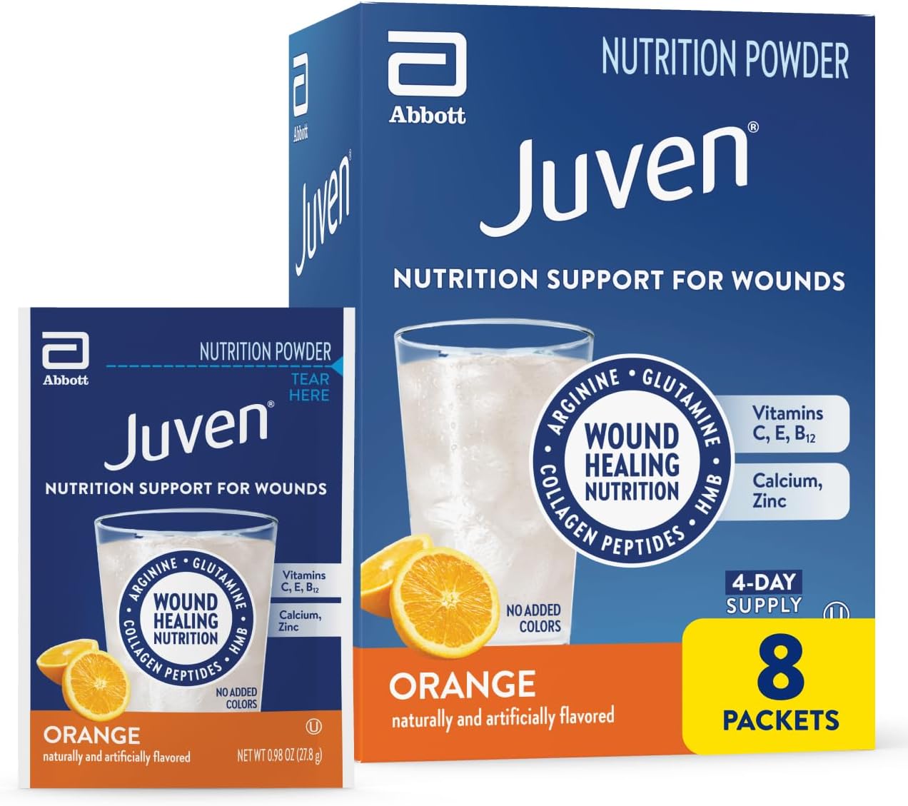 Juven Therapeutic Nutrition Drink Powder Including Collagen Peptides, Amino Acids, and HMB for Wound Healing Support, Orange, 48 Packets