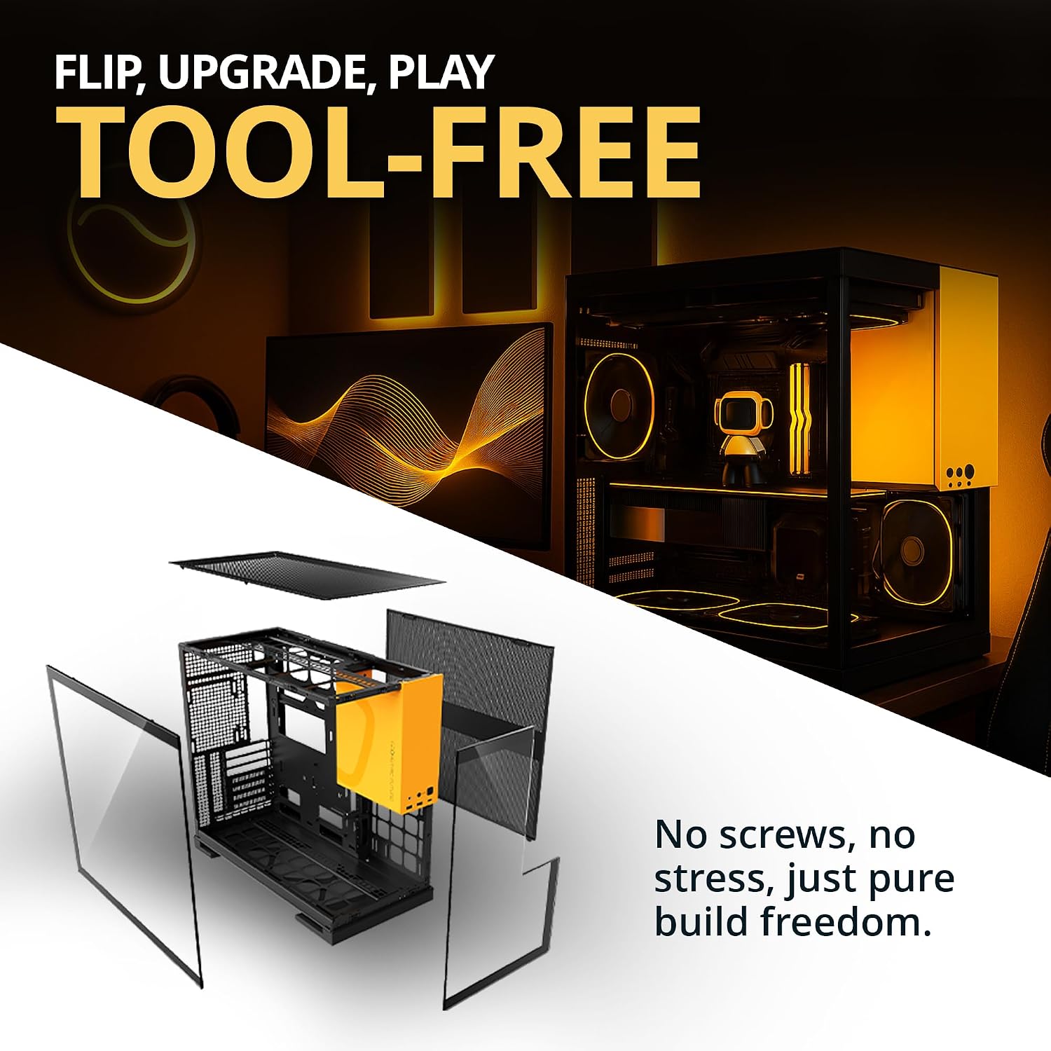 Geometric Future M5 Tempered Glass Mid Tower, E-ATX/ATX Gaming Case, 1.2mm Steel, Type C, Toolless Panels, Support 420/360 Radiator, ARGB PWM 140m Fan x 5 Pre-Installed, Black/Yellow, GEO-M5F-BY