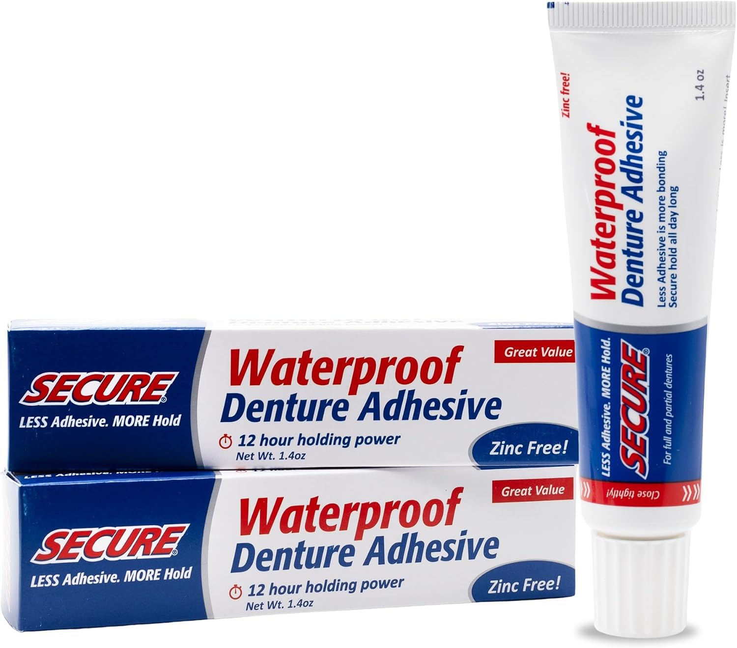Secure Denture Adhesive Cream, Zinc Free Denture Glue, 1.4 oz | Waterproof Seal - Food Grade Ingredients - Less Adhesive, More Hold - Tube Lasts Up to 8 Weeks