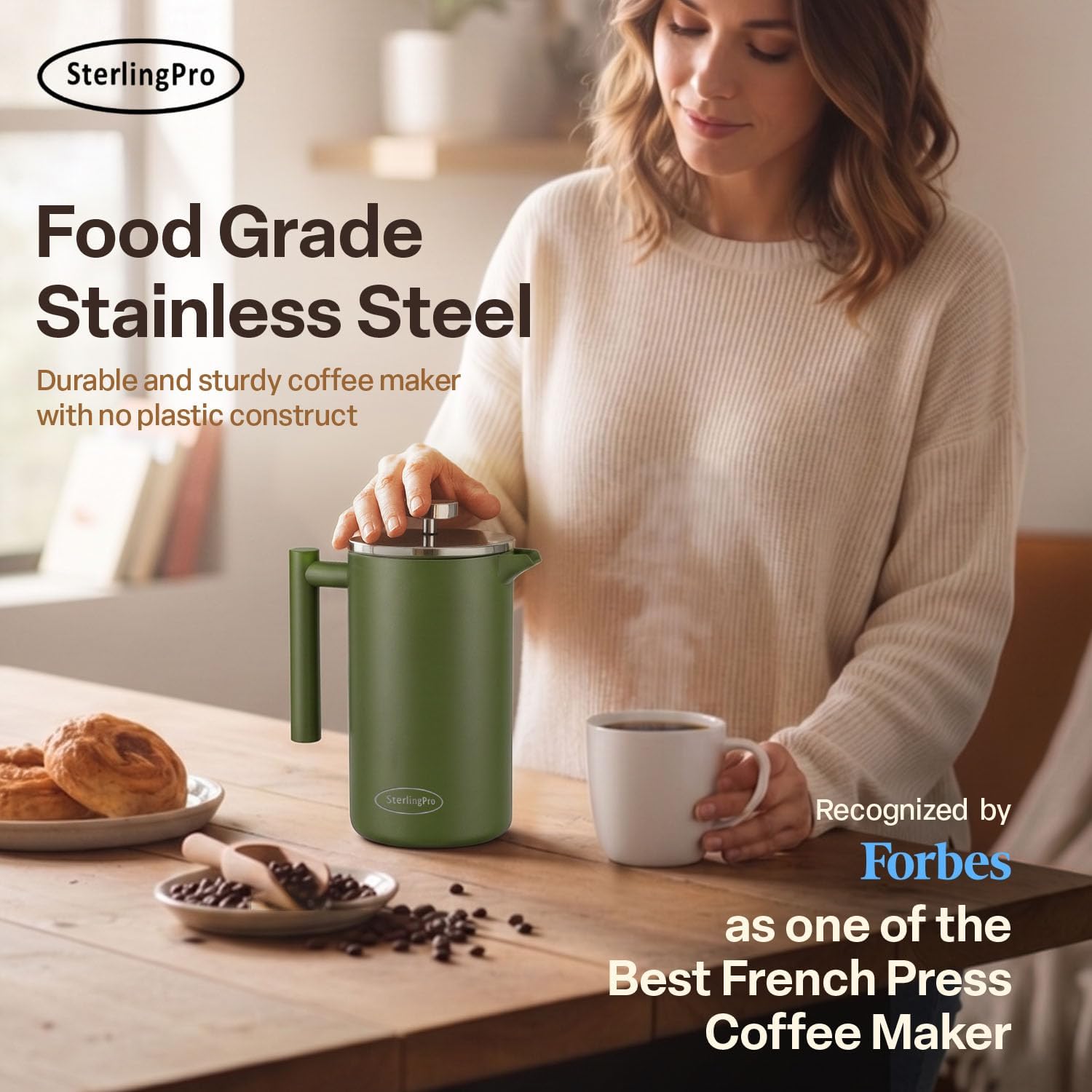 SterlingPro Large Insulated Stainless Steel French Press Coffee Maker 51oz Capacity (44 oz Brew Yield) – Double Wall Metal Coffee Press | Plastic Free | Cool-Touch | Mirror Finish | 12 Cups / 6 Mugs