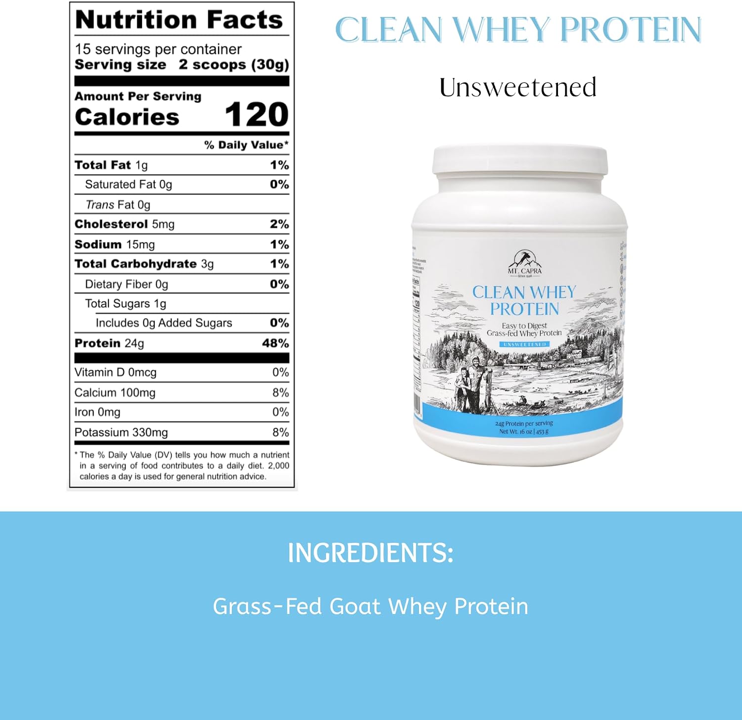 Mt. Capra Clean Whey Protein | Grass-Fed Undenatured Goat Whey Protein Powder | 24 g Protein Per Serving, All Natural, Non-GMO, High in Branch Chain Amino Acids | Unsweetened | 15 Servings - 16 oz