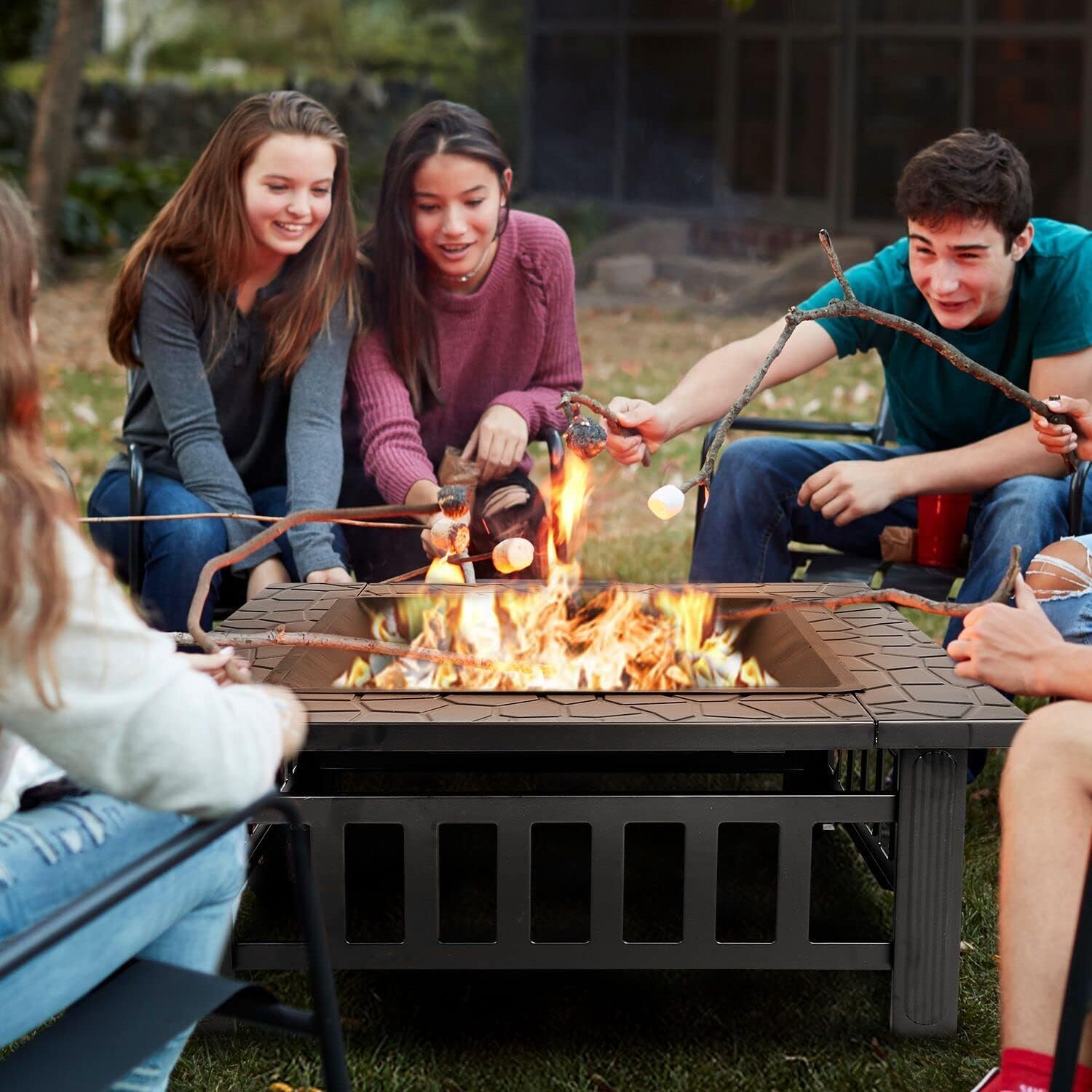ZENY 32 inch Outdoor Fire Pit with Grill for Outside Wood Burning, Square Metal Outside Fireplaces