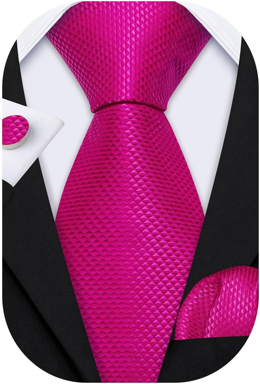 Barry.Wang Plaid Ties for Men Silk Necktie Handkerchief Cuff Links Set