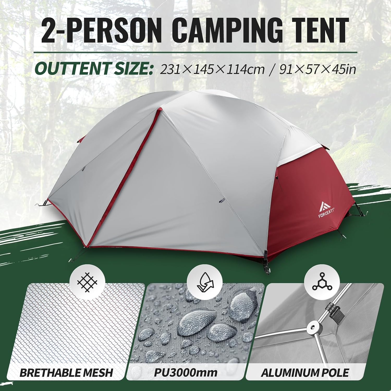 Forceatt Tent for 2 and 3 Person is Waterproof and Windproof, Camping Tent for 3 to 4 Seasons