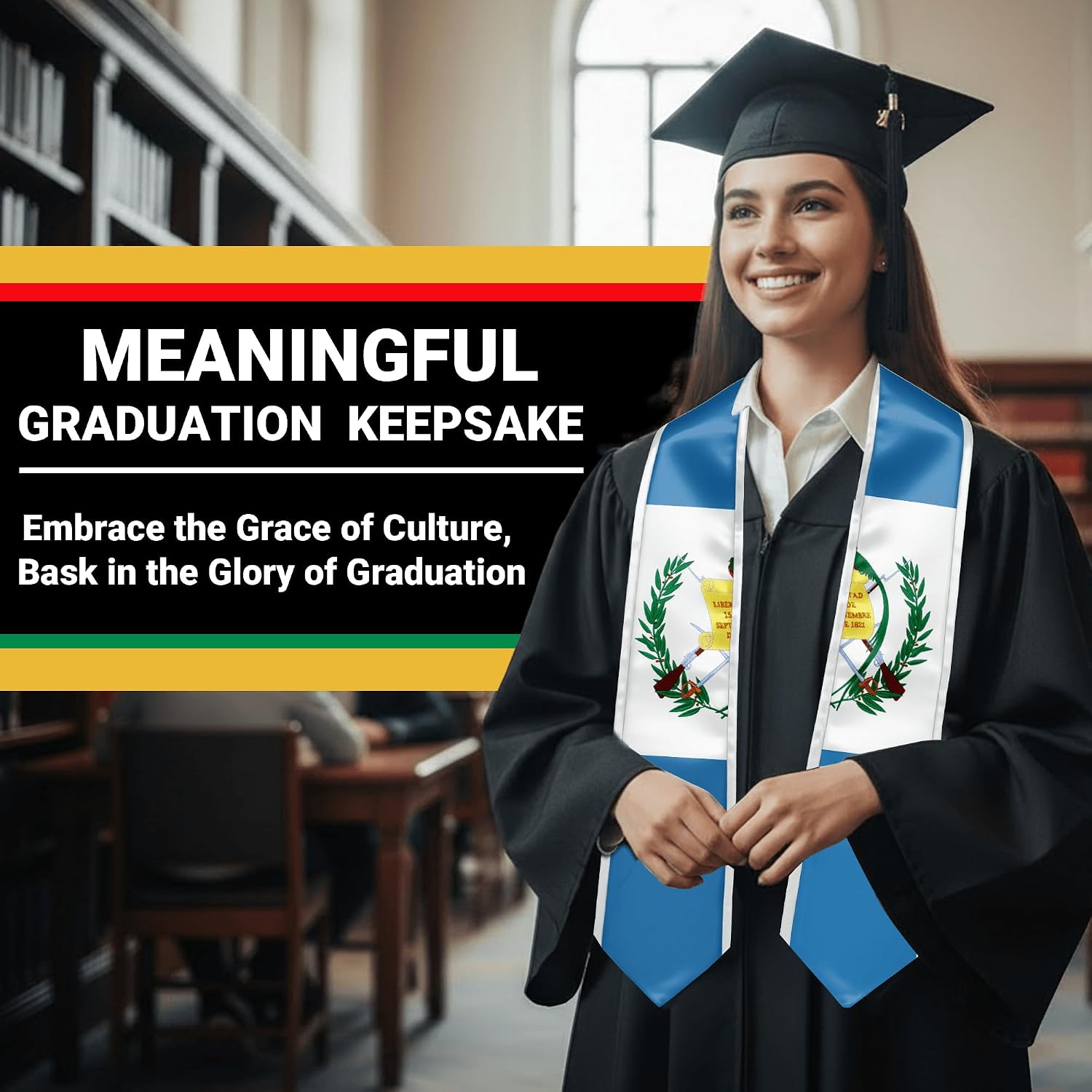 YOXEULL National Flag Embroidered Graduation Stole with Trim, Graduation Sash Graduates Gift, 72"