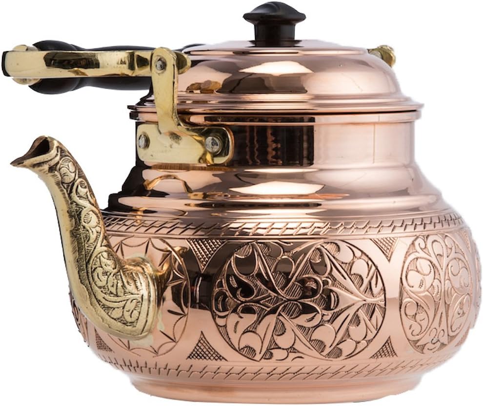 DEMMEX Handmade Engraved 1mm Thick Solid Uncoated Copper Tea Pot Kettle Stovetop Teapot, 1.6-Quart