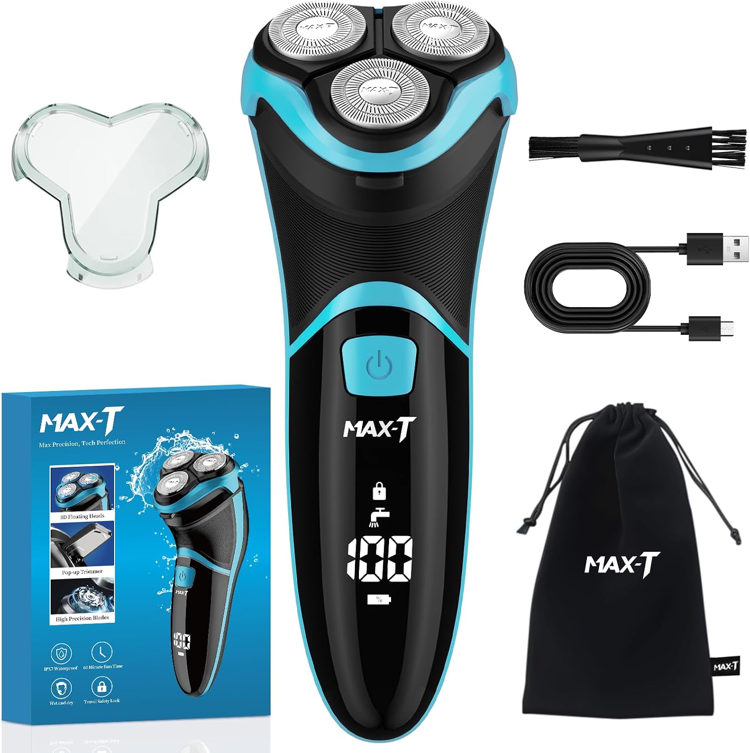 Men's Electric Shaver - MAX-T Corded and Cordless Rechargeable 3D Rotary Shaver Razor for Men with Pop-up Sideburn Trimmer Wet and Dry, IPX7 Waterproof, Plug & Play