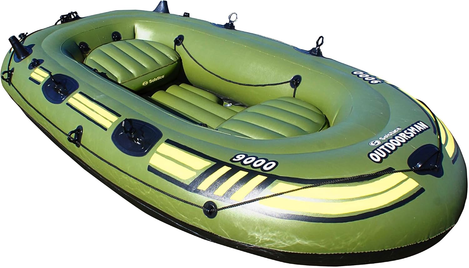 Solstice Voyager 4-Person Inflatable Fishing Boat with Dual Swivel Oar Locks and Rod -Holder, Motor Compatible 9' x 5'