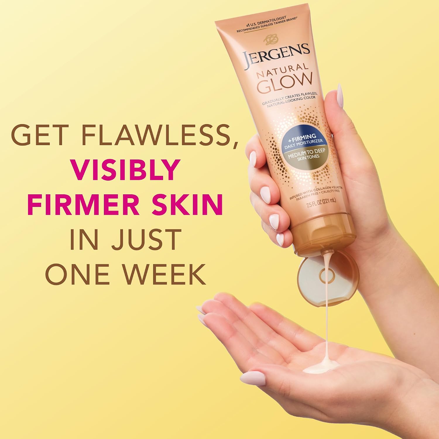 Jergens Natural Glow +Firming Self Tanner Body Lotion, Fair to Medium Skin Tone, Sunless Tanning Moisturizer with Collagen and Elastin. Helps to Visibly Reduce Cellulite, 7.5 Fl Oz | Sunless Tanning Moisturizer, Collagen and Elastin Formula, Reduces Cell…