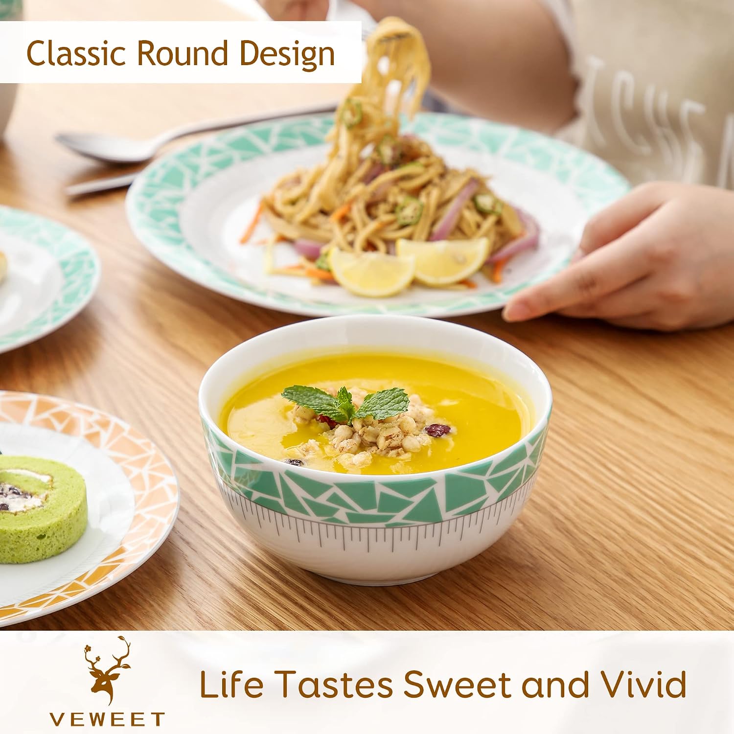 VEWEET 30 PCS Ceramic Dinnerware Sets for 6, Pink Floral Dish Set, ANNIE | Porcelain Dinner Set Including Dessert Plates, Soup Plates, Dinner Plates, Cups & Saucers, Microwave & Dishwasher Safe
