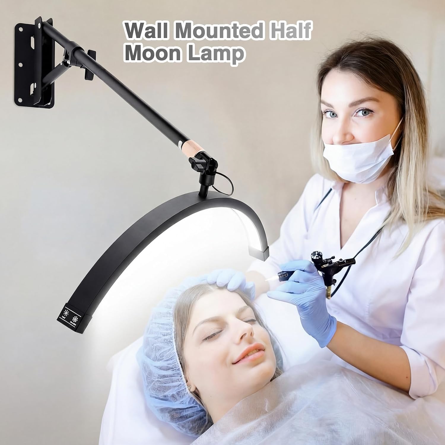 Wall Mount Lash Lamp Half Moon Shaped LED Lash Nail Light Cool/Warm Modes Adjustable Angle and Height for Barbershop Eyelashes Nail Eyebrows Tattoo