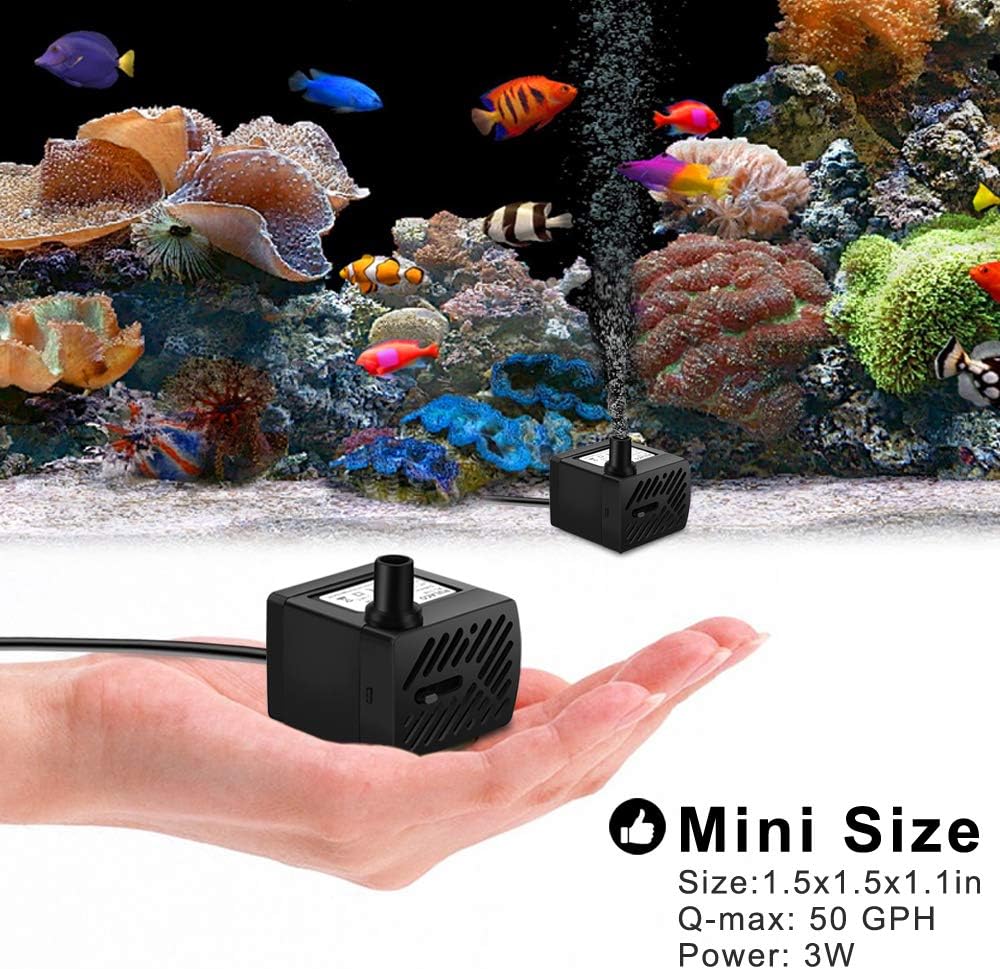 50GPH 3W Mini Submersible Water Pump with 3.3 FT Tubing for Aquariums, Fish Tank, Pond, Fountain, Hydroponics