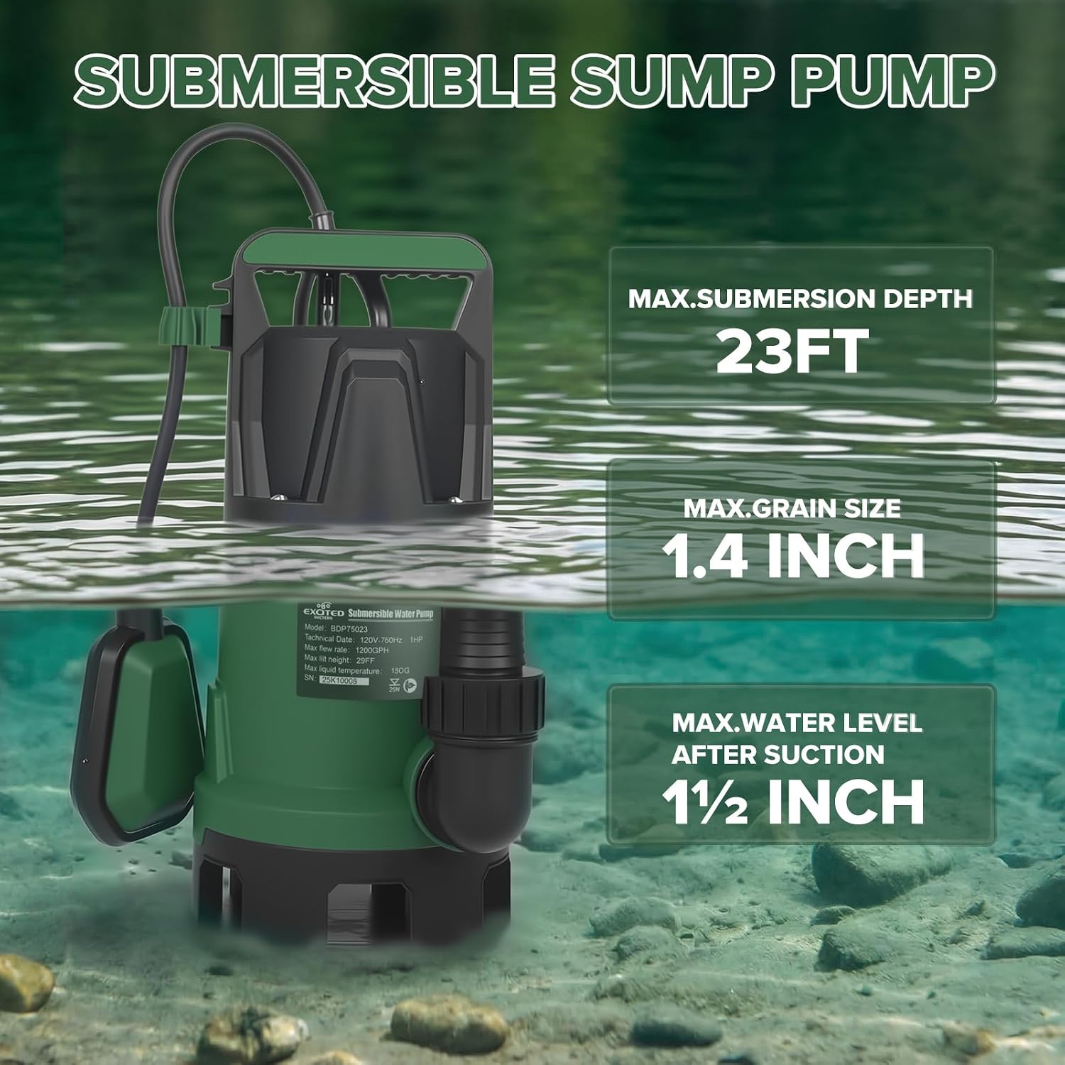 4200GPH 1HP Submersible Sump Pump with Automatic Float Switch | LAZYLAND, Clean Water Pump for Pool, Pond, Garden, Flooded Cellar, Aquarium and Irrigation (Green)