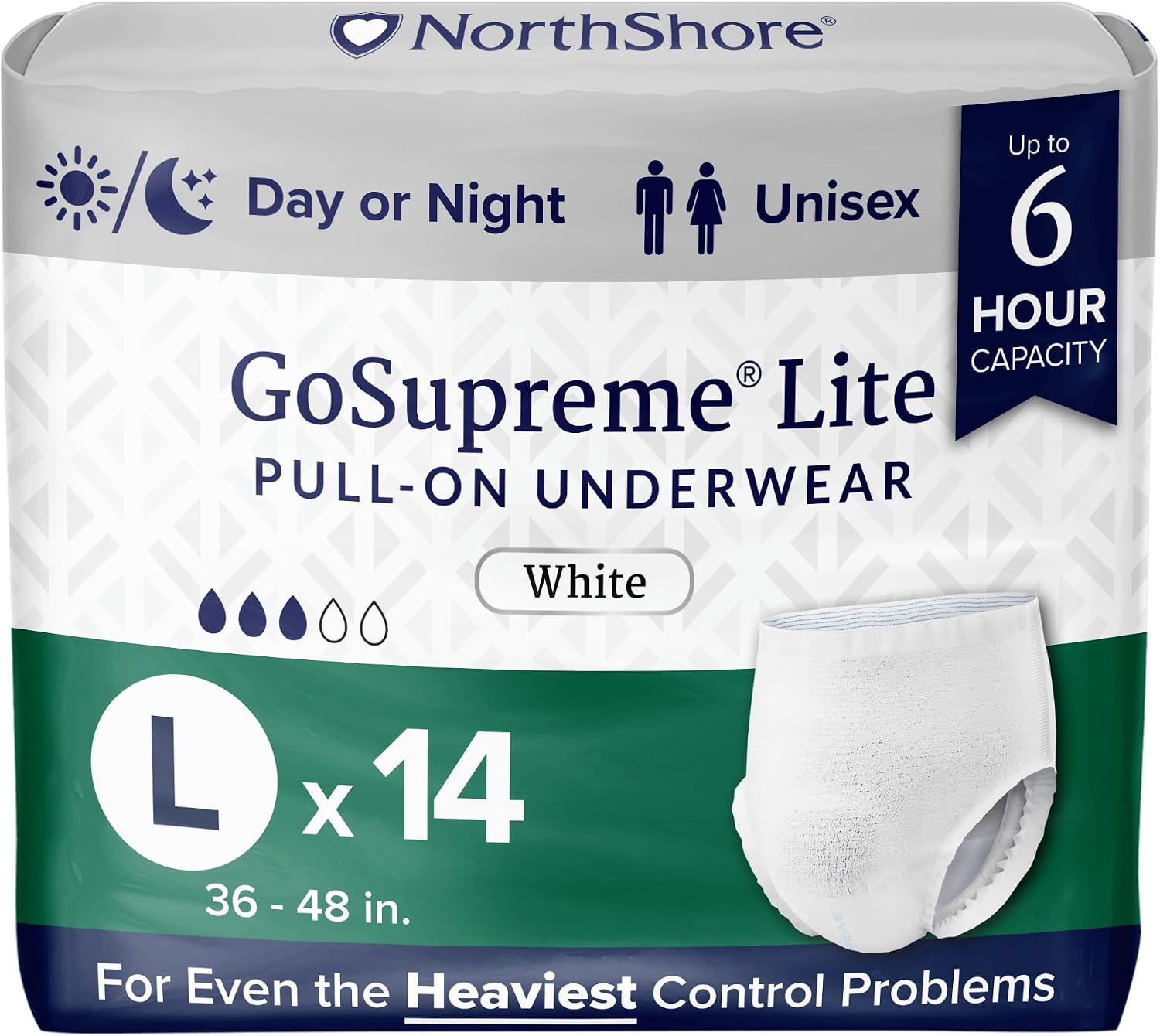 NorthShore GoSupreme Lite 6-Hour Daytime Underwear, White, Medium, 14 Count