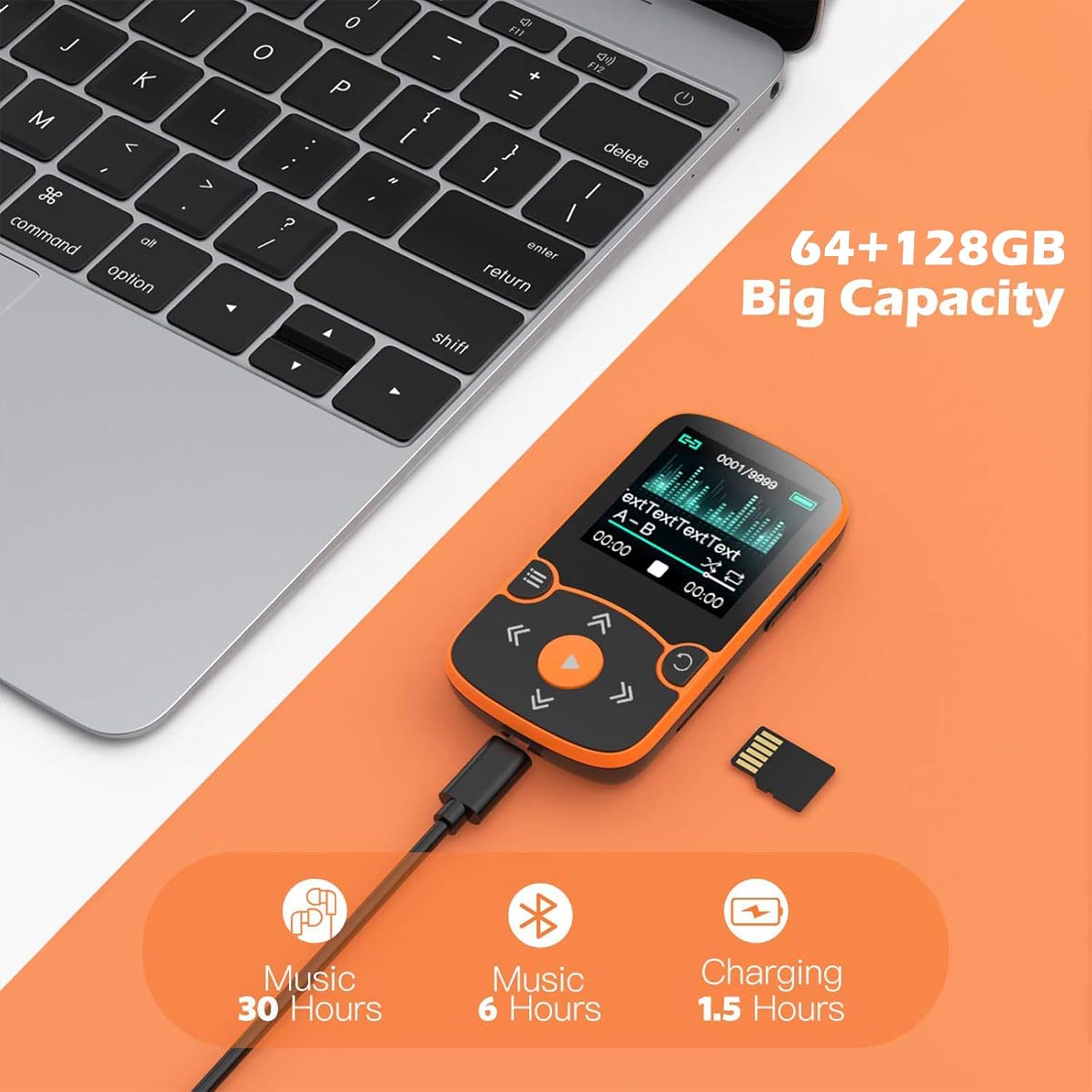 AGPTEK 64GB MP3 Player with Clip, A65 Bluetooth 5.3 Music Player for Sports | with FM Radio, Voice Recorder for Running, Supports up to 128GB TF Card, Orange