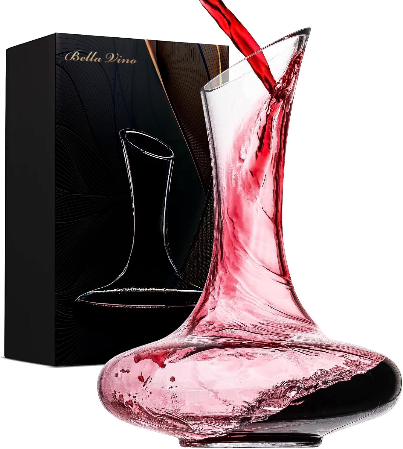 Large Elegant Red Wine Decanter with Aerator Pourer, 1600ml. - Hand Blown Lead-Free Crystal Glass Carafe for Cabernet, Merlot, Home Bar Accessory