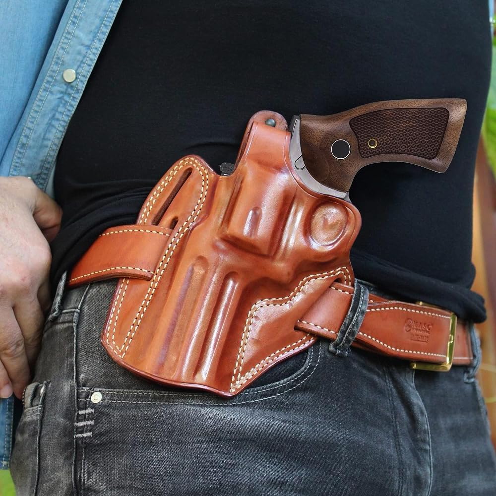 Premium Leather Three Slot OWB Pancake Holster with Thumb Break Fits, GP-100 357 Magnum 4.20" Barrel (Please Choose Your Hand Draw) Brown Color