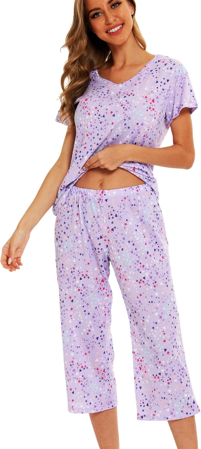 ENJOYNIGHT Womens Pajama Set Cotton Summer Pj Top with Capri Pant Sleepwear