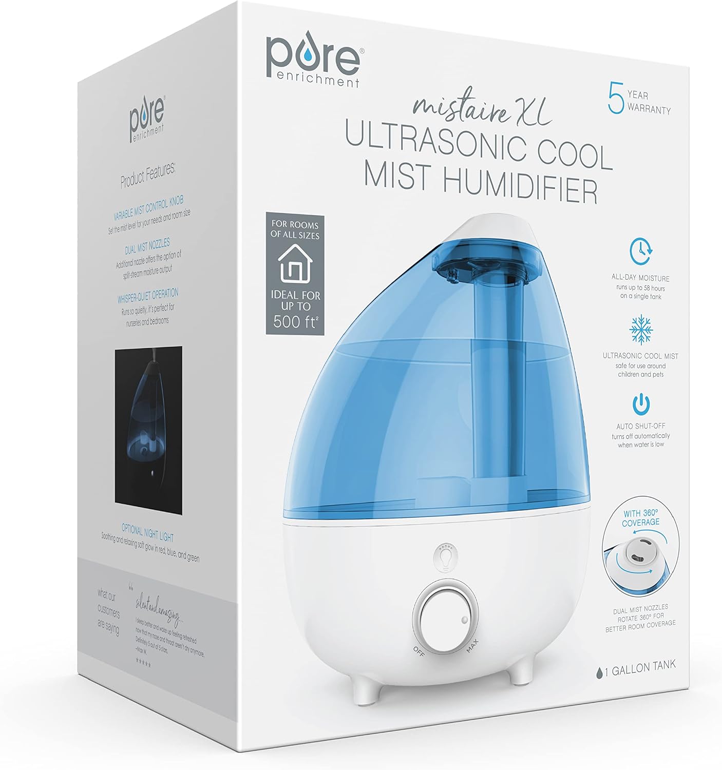 Pure Enrichment MistAire Ultrasonic Cool Mist Humidifier - Quiet Air Humidifier for Bedroom, Nursery, Office, & Indoor Plants - Lasts Up To 25 Hours
