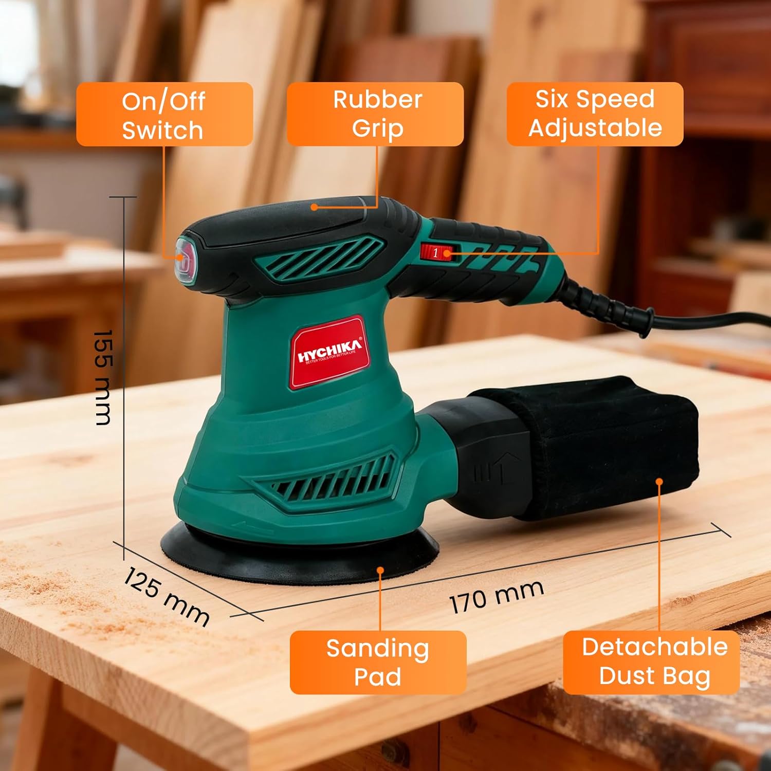 HYCHIKA 5-Inch Random Orbital Sander, 13000RPM Electric Palm Sander with 6 Variable Speeds, Powerful Motor