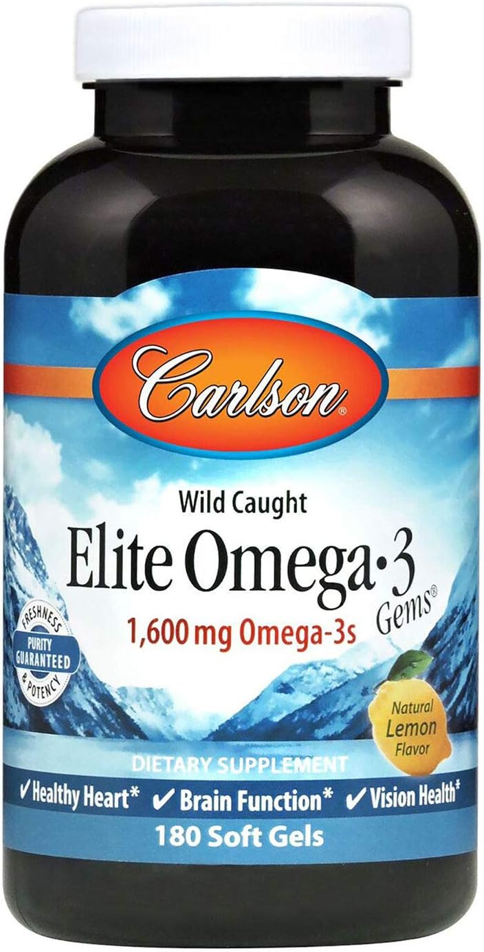 Carlson Elite Omega-3 Gems, 1600 mg, from Norway, Lemon, 90 + 30 Softgels | Omega-3 Fatty Acids Including EPA and DHA; Wild-Caught Fish Oil Supplement; Sustainably Sourced Omega 3 Fish Oil Capsules