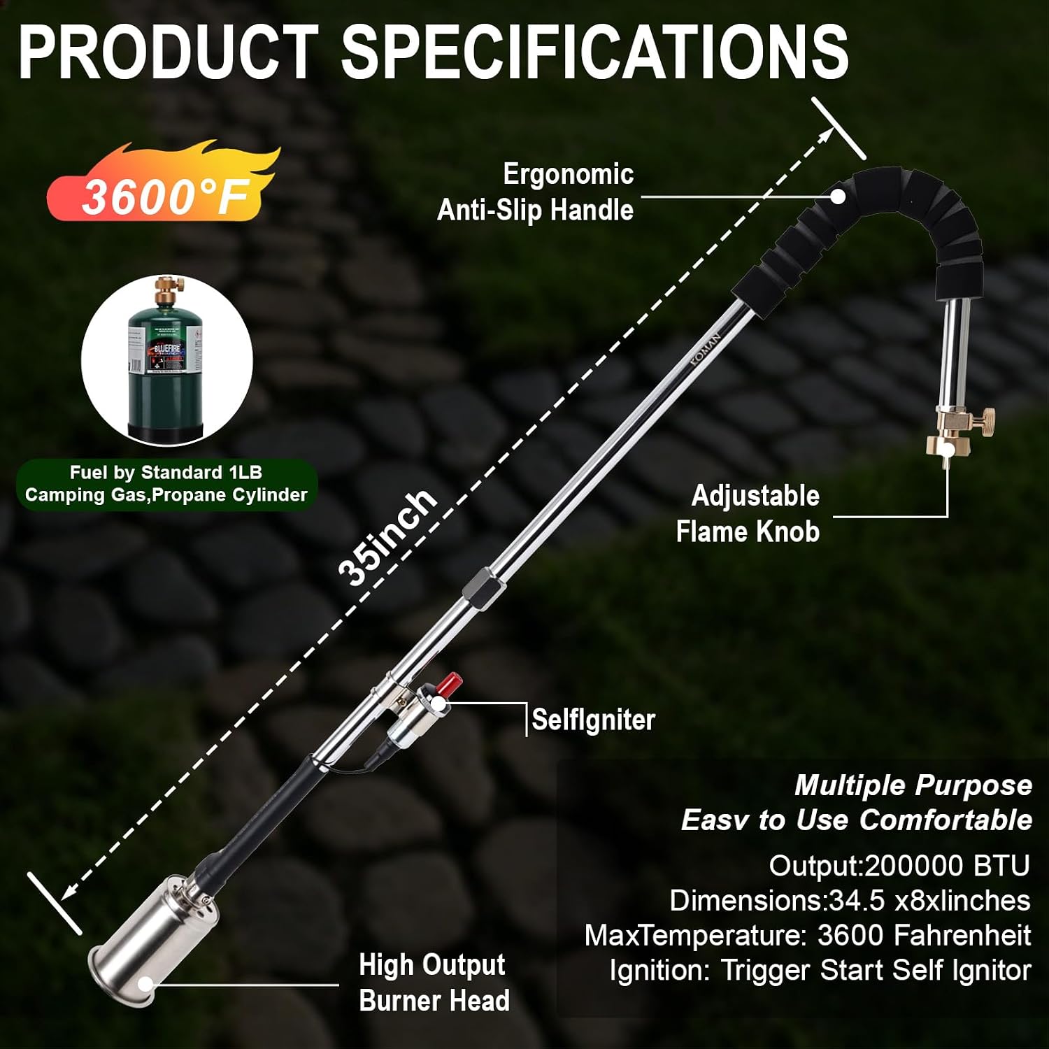 KOMAN Weed Torch Propane Burner, 35" Long Arm, Self-Ignition, Fuel by 1LB /5-40LB Propane Tank, for Roofing, Weeding