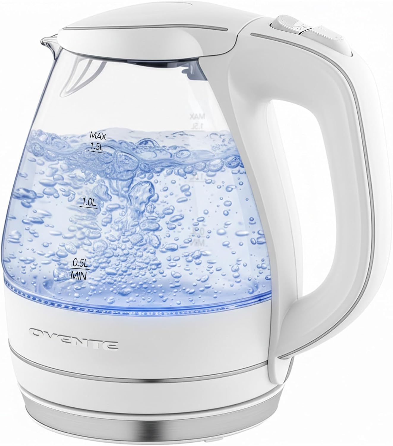 OVENTE 1.5L Glass Electric Kettle Water Boiler, Black KG83B | 1100W Fast Boiling, Borosilicate Glass, BPA-Free, Blue LED, Auto Shut-Off, Boil-Dry Protection, Removable Filter, 360° Base