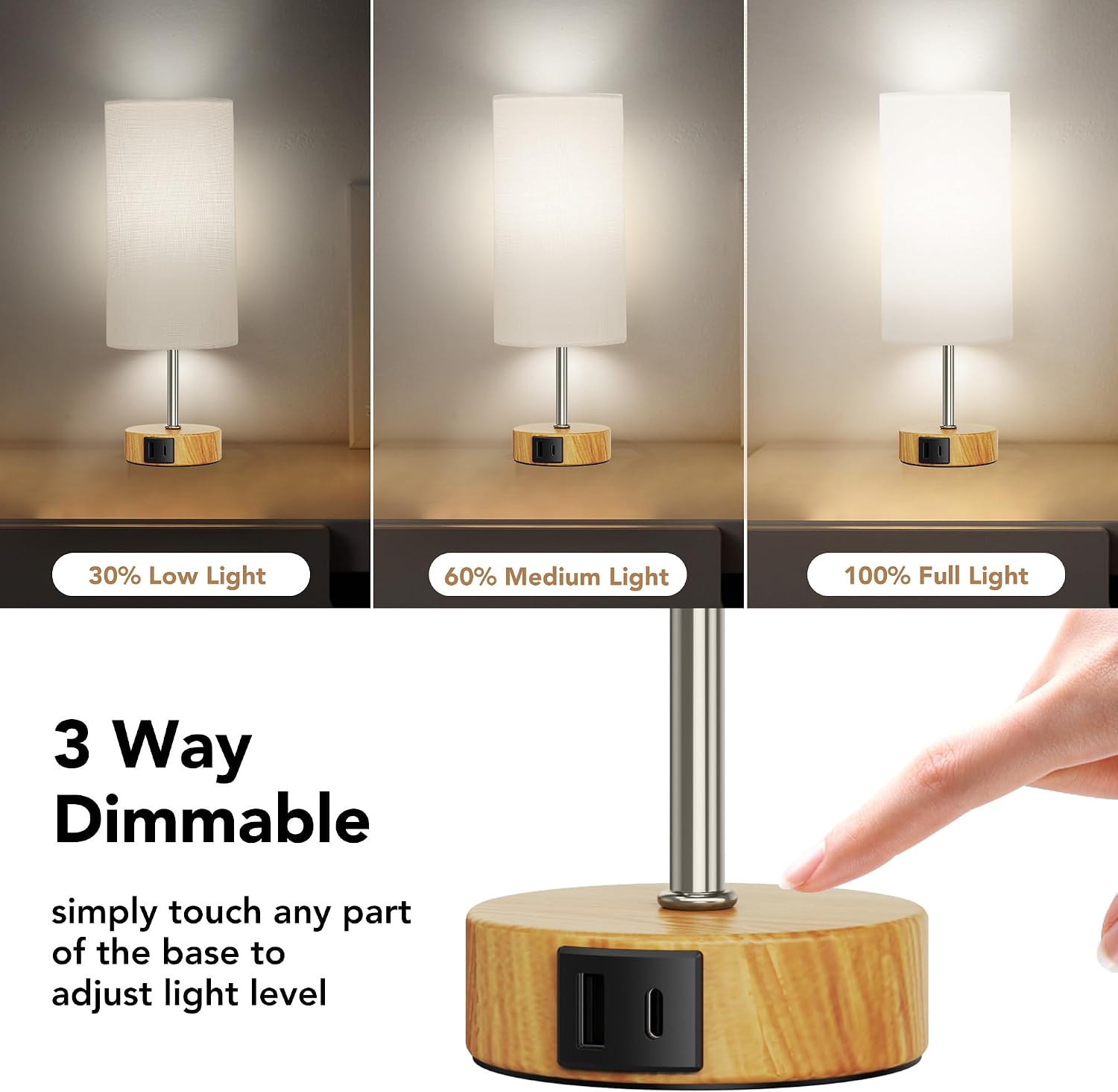 ROTTOGOON 12.8" Touch Control Table Lamp, 3-Way Dimmable Small Bedside Nightstand Lamp with 2 USB Ports