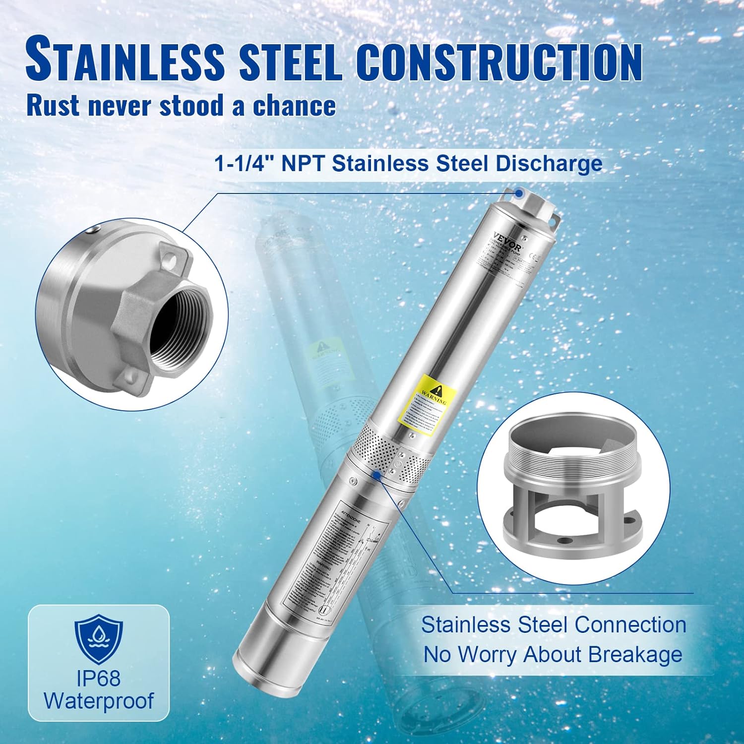 VEVOR Deep Well Submersible Pump, 1HP 115V/60Hz, 37gpm Flow 207ft Head, with 33ft Electric Cord, 4" Stainless Steel Water Pump for Industrial