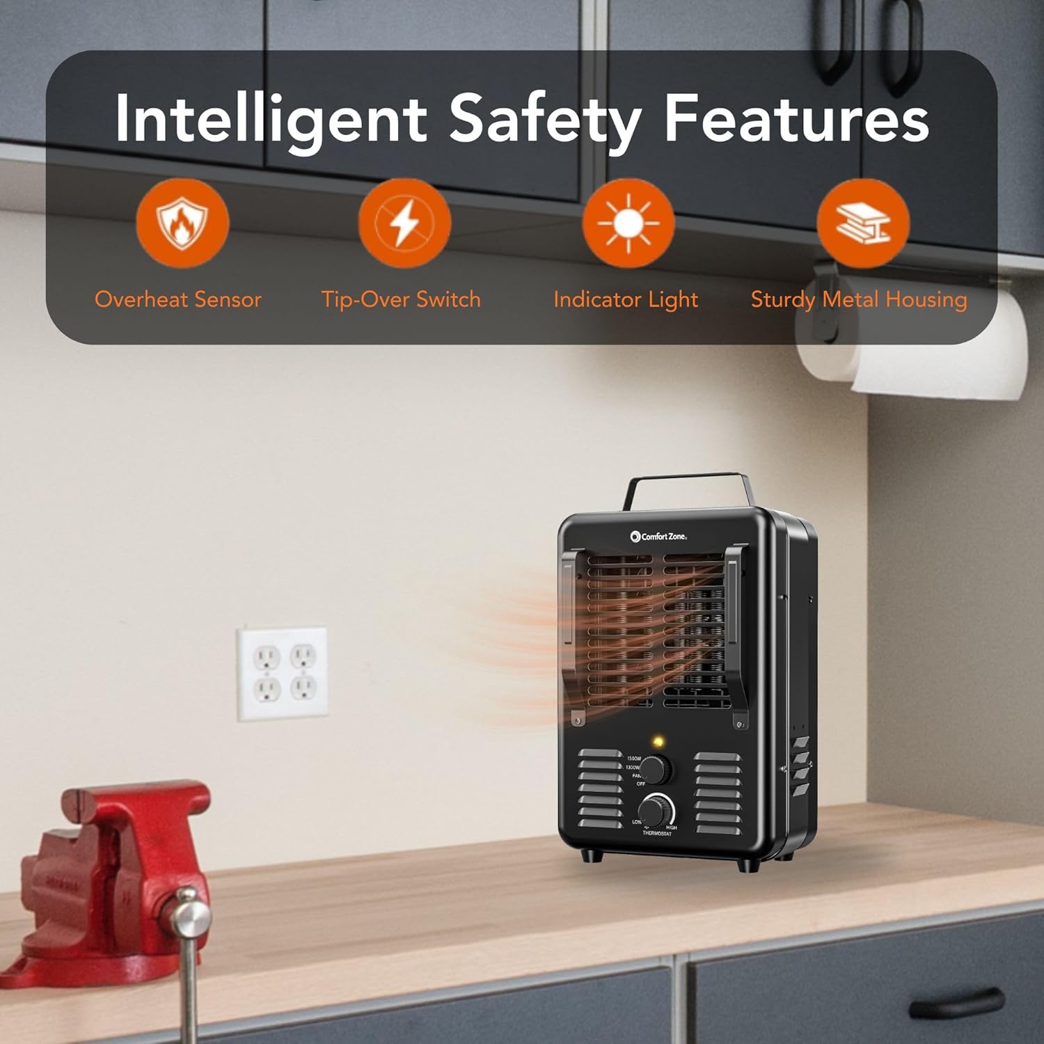 Comfort Zone Electric Portable Milkhouse Style Utility Space Heater with Adjustable Thermostat, Overheat Protection, and Safety Tip-Over Switch, Ideal for Garage or Greenhouse, 1,500W, CZ798