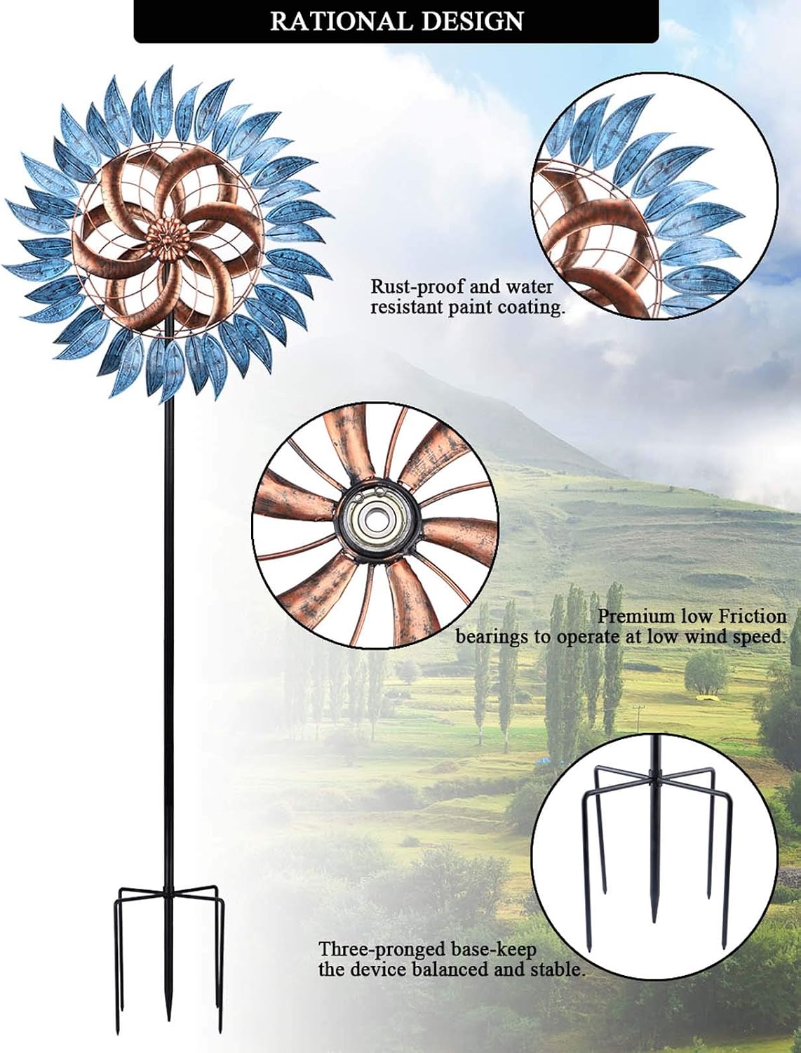 MUMTOP Wind Spinner Outdoor, Large Metal Kinetic Wind Sculptures, Blue