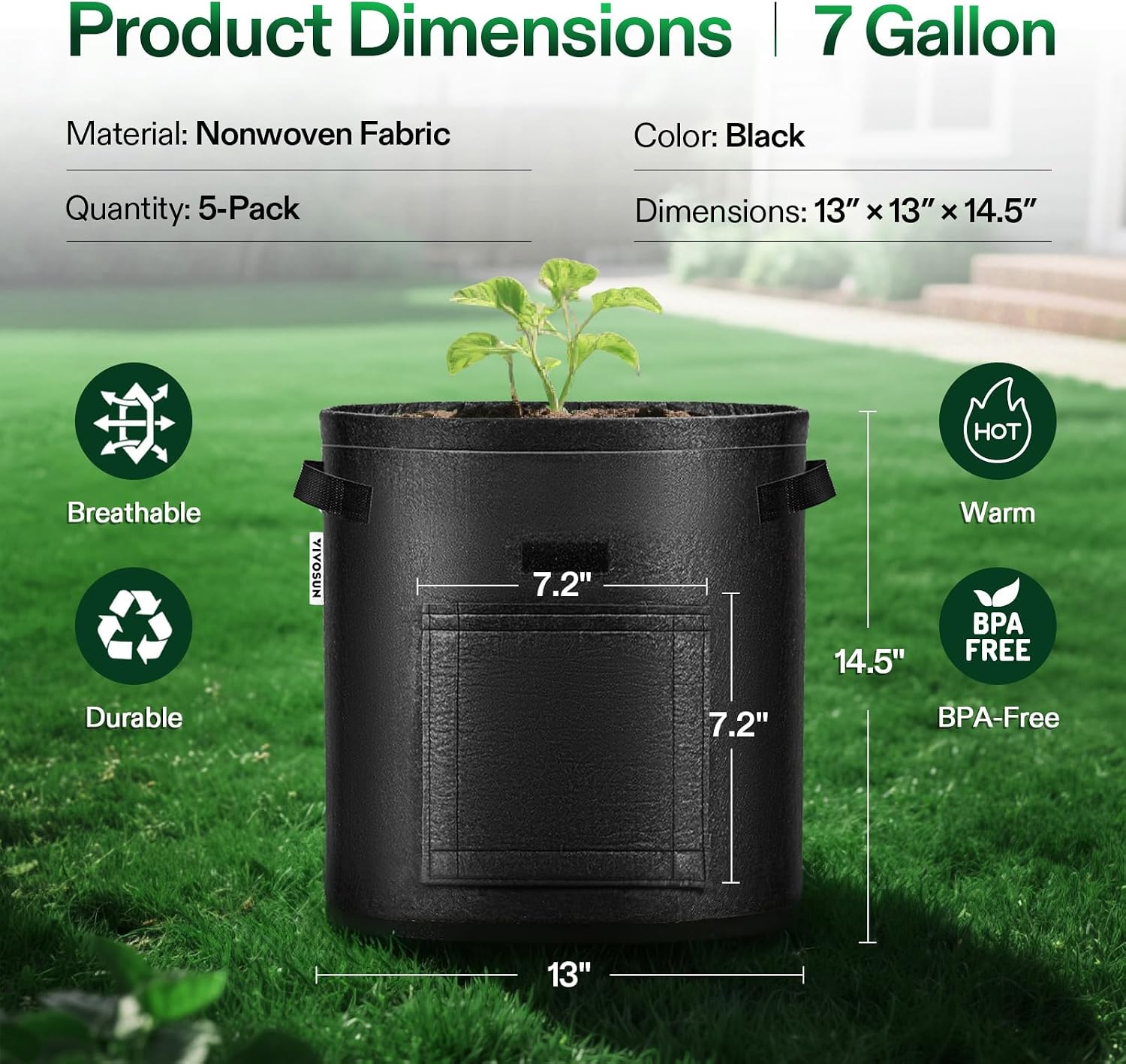 VIVOSUN 5-Pack 7 Gallon Potato Grow Bags, Roll-up Harvest Window