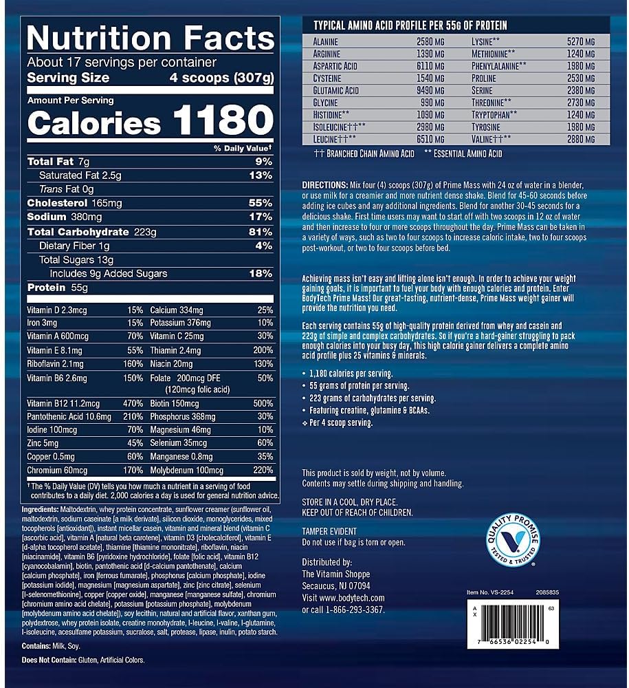 BodyTech Prime Mass Weight Gainer, Vanilla, 55g Protein, 12 lb | 1180 Calories, 223g Carbs, Whey & Casein Blend, BCAAs, Creatine & Glutamine