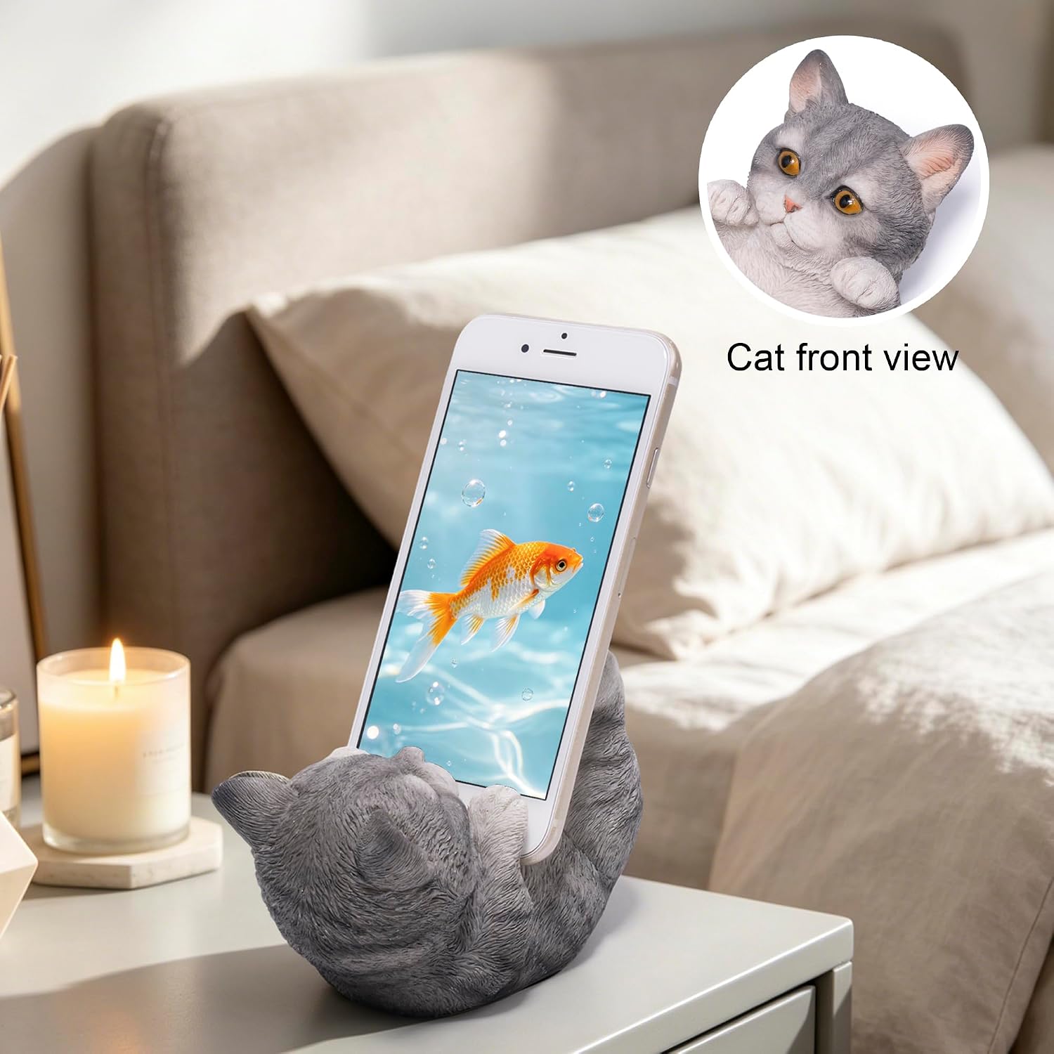 Hodao Cute Cat Phone Stand, Gray Kitten Cell Phone Holder for Desk, Resin Animal Figurine Stand for iPhone and Samsung, Vertical or Horizontal Viewing