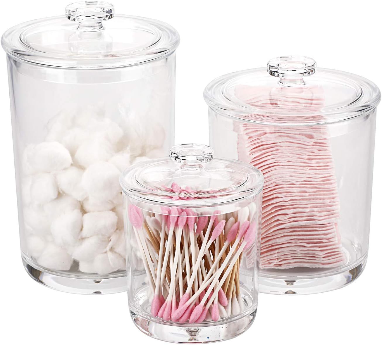 Hipiwe Clear Plastic Apothecary Jars with Lid, Set of 3 Large Q-Tips Holder