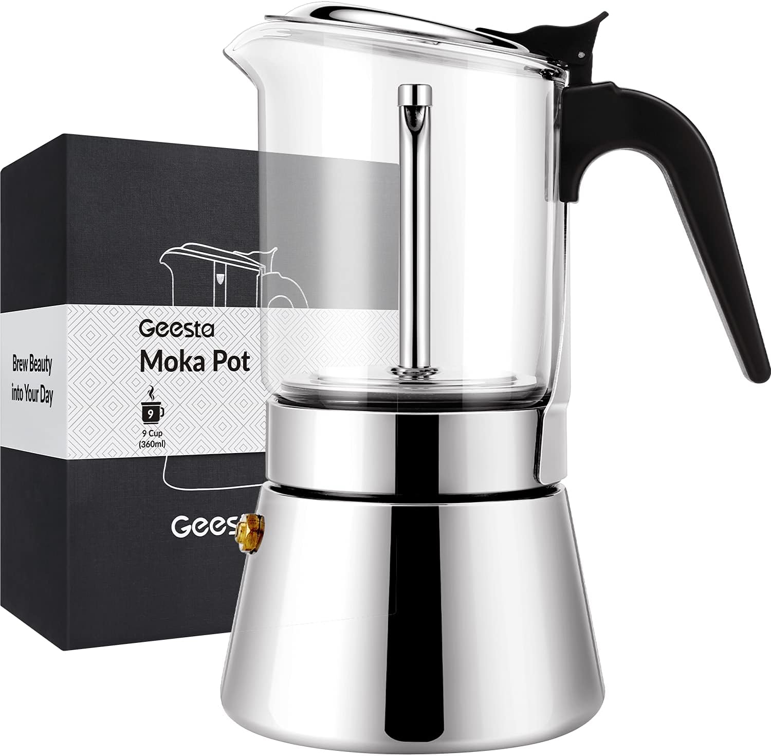 Geesta Premium Crystal Glass-Top Stovetop Espresso Moka Pot - 4/6/ 9 Cups - Stainless Steel Coffee Maker- 160ml/5.6oz/4 cup (espresso cup=40ml)