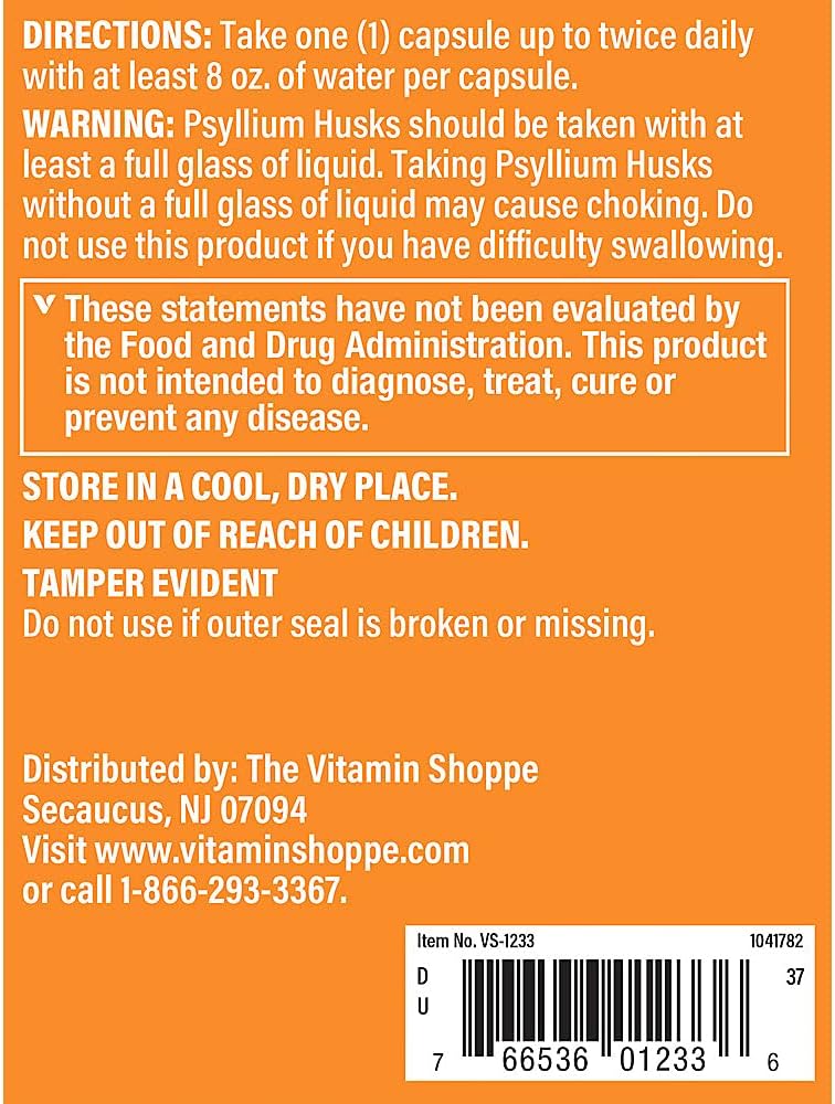 The Vitamin Shoppe Psyllium Husks Plantago Ovata Fiber Supplement (300 Capsules)