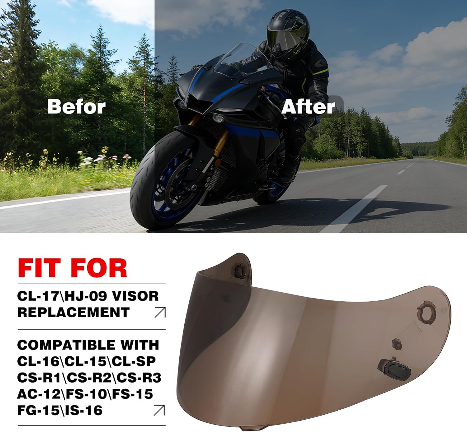 VCOROS Motorcycle Helmet Face Shield Visor Repalcement for HJ-09 CL-15 CL-17 CL-16 CL-SP AC-12 FS-10 CS-R1 IS-16 CS-R2 Shield (Smoke)