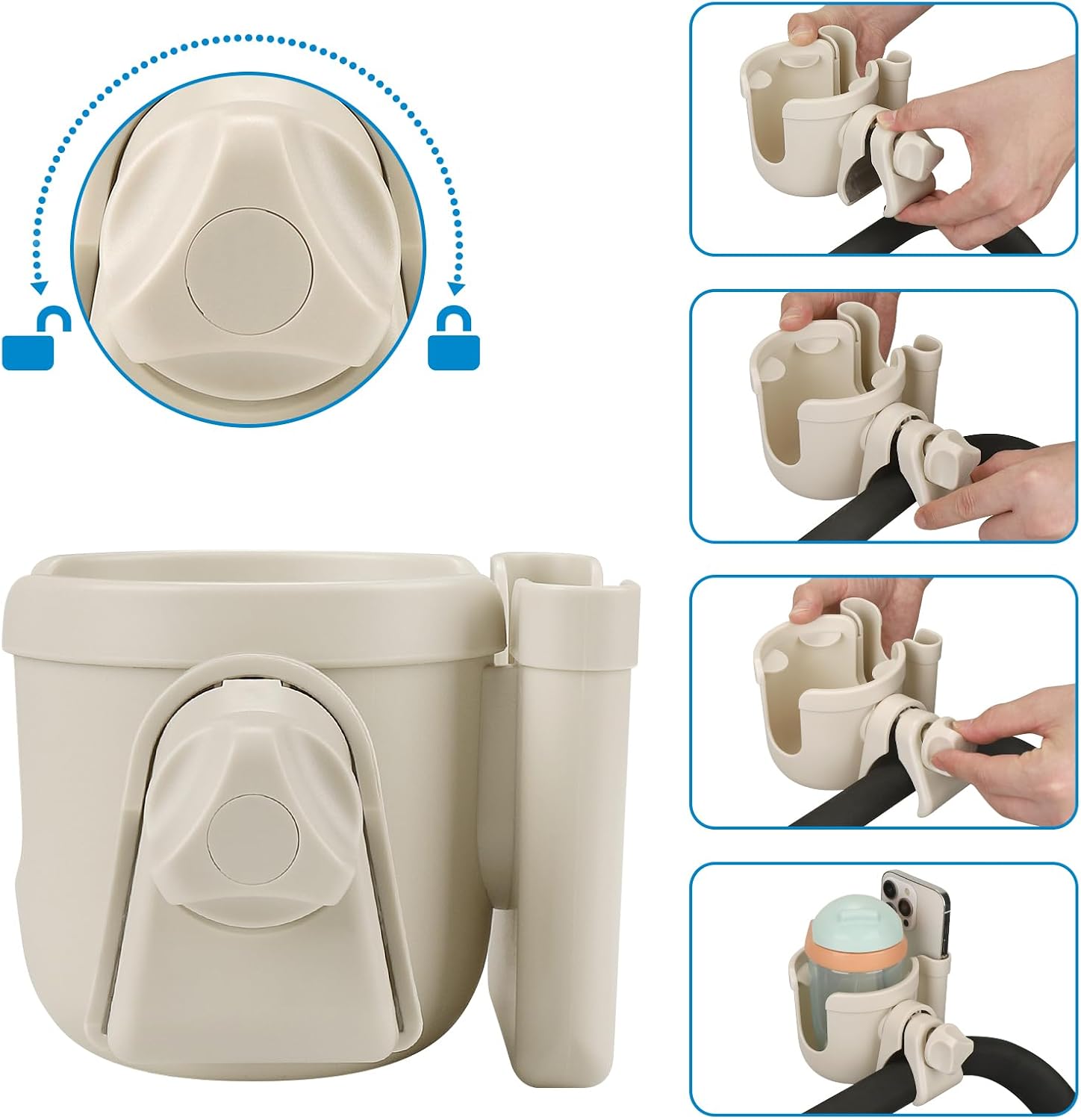 Accmor Stroller Cup Holder with Phone Holder, Bike Cup Holder, Universal Cup Holder for Uppababy Nuna Strollers, 2-in-1 Drinks Holder for Walker