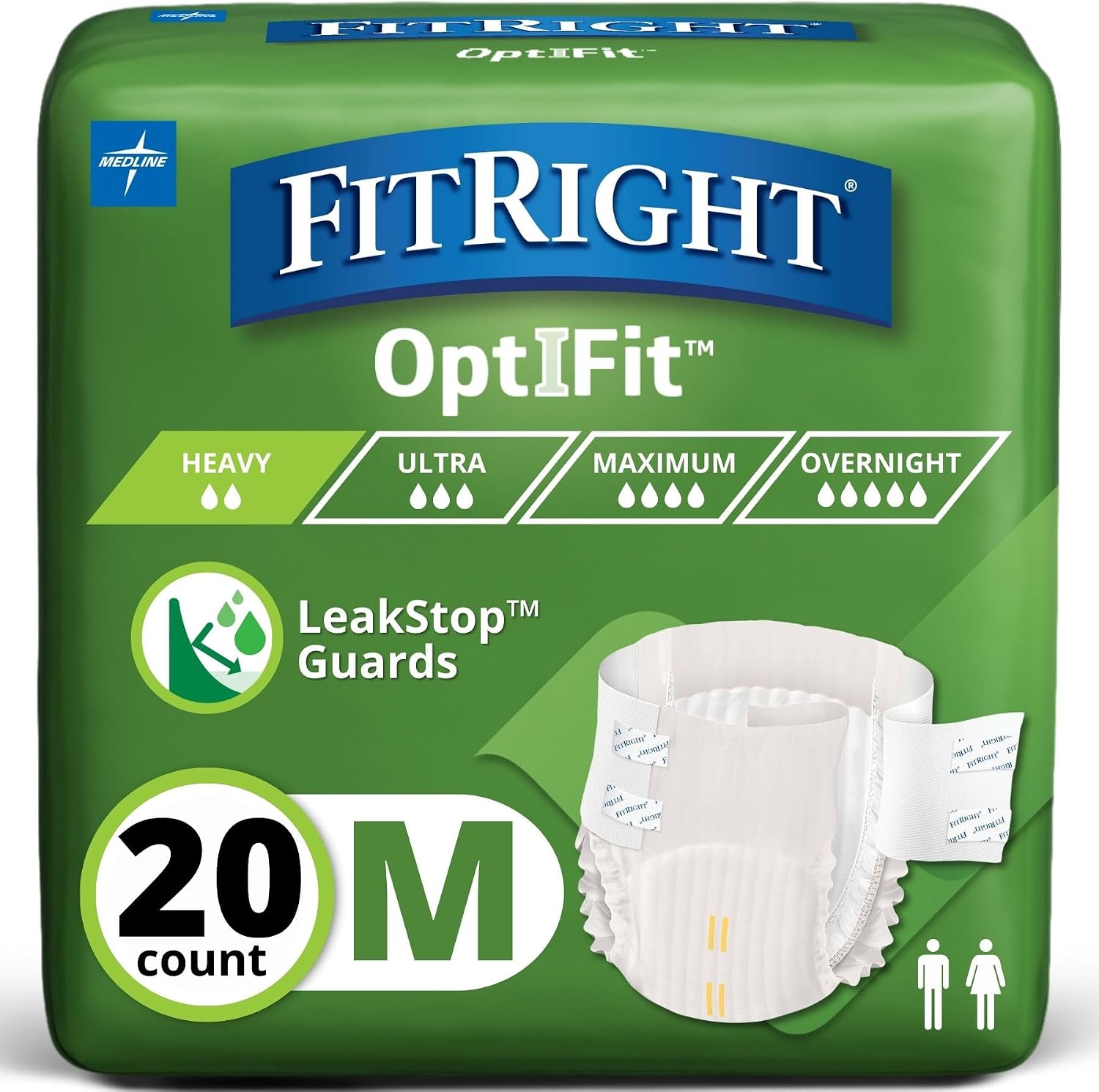 FitRight Adult Diapers, Extra+ Heavy Absorbency, M (Waist Size 32in-44in), 80 Count, OptiFit Incontinence Briefs for Men and Women, Disposable, Moisture-Wicking, Leak Protection,