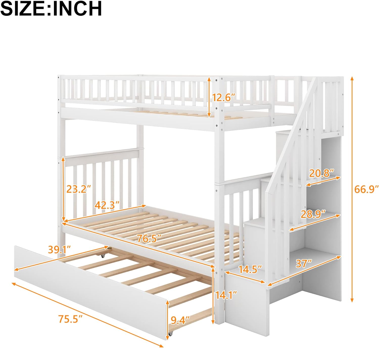 Bellemave Full Over Full Bunk Beds with Stairs Stairway Bunk Bed Frame with Storage Shelves for Teens Adult, Detachable Wood Full Bunk Bed, Gray
