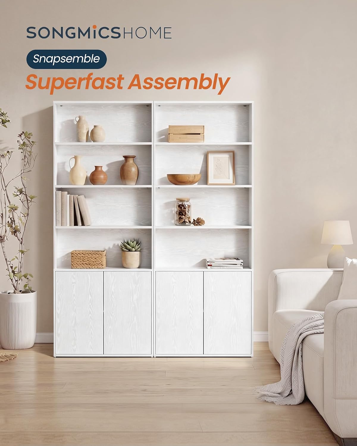 SONGMICS HOME Book Shelf, Snapsemble Superfast Assembly, 6-Tier Floor Standing Bookcase with Doors and Adjustable Shelves, 70.4 Inches Tall for Bedroom Study Living Room, Snow White