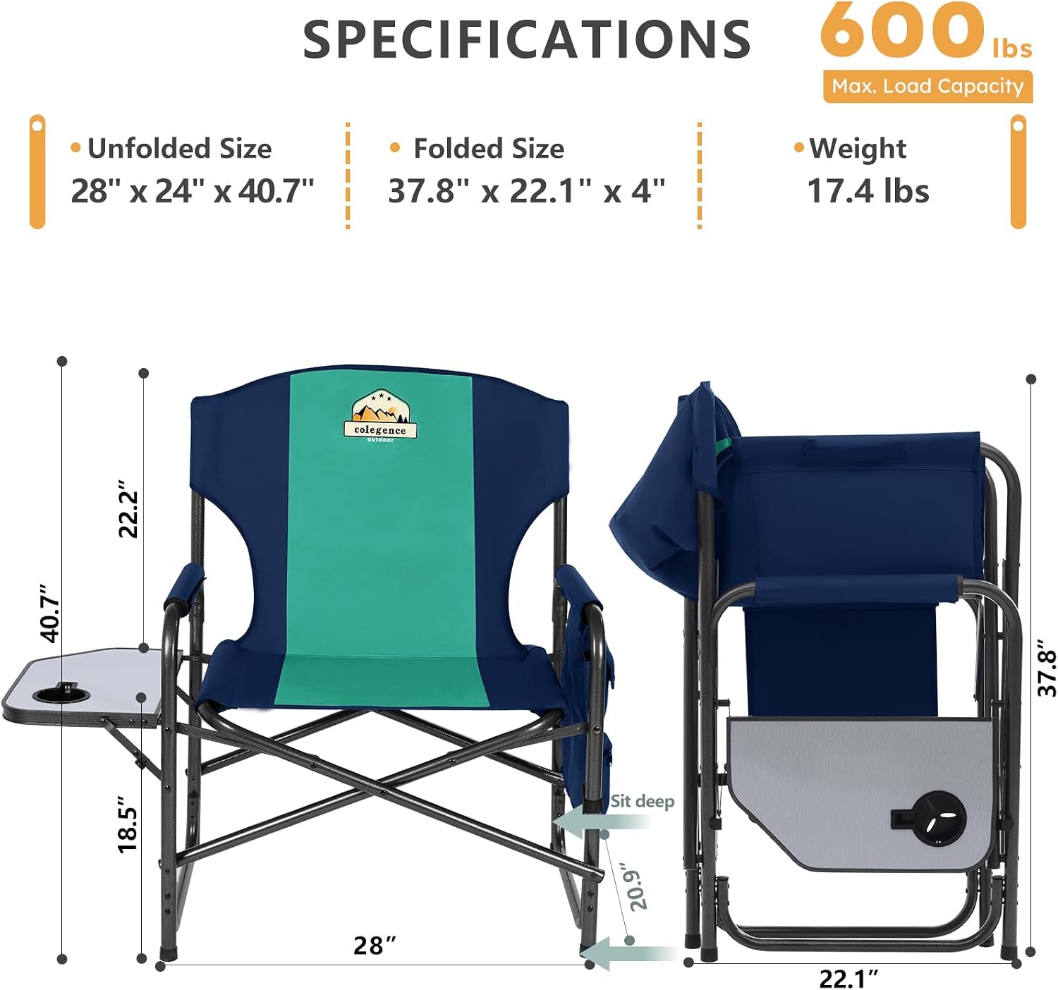 Colegence Oversized Directors Camping Chair for Adults, 600 lb, Black | Heavy duty folding outdoor chair with 28" wide seat, supportive back, side table, cup holder and detachable storage pocket