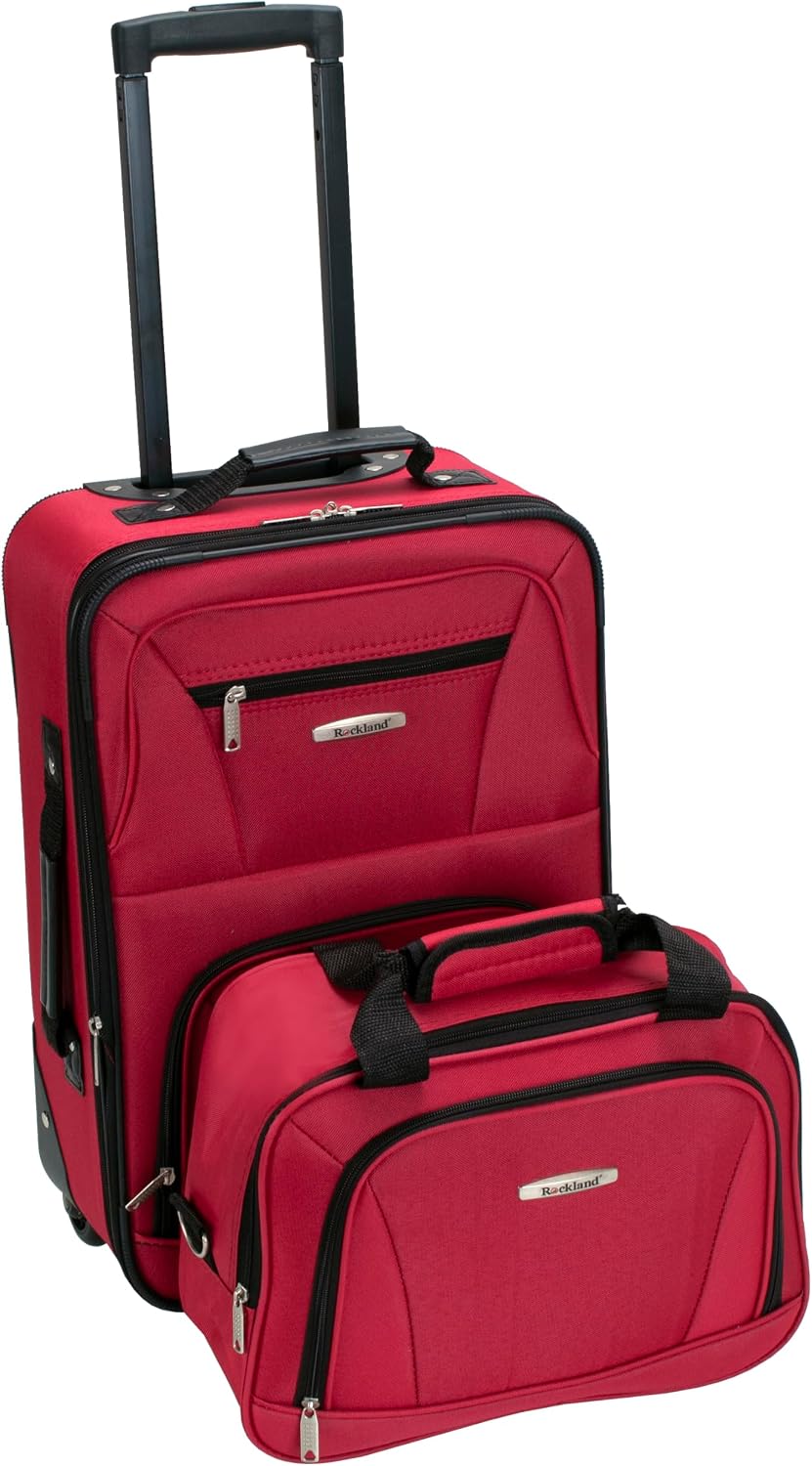 Rockland Fashion Softside Upright Luggage Set,Expandable, Telescopic Handle, Wheel, Black Dot, 2-Piece (14/19)