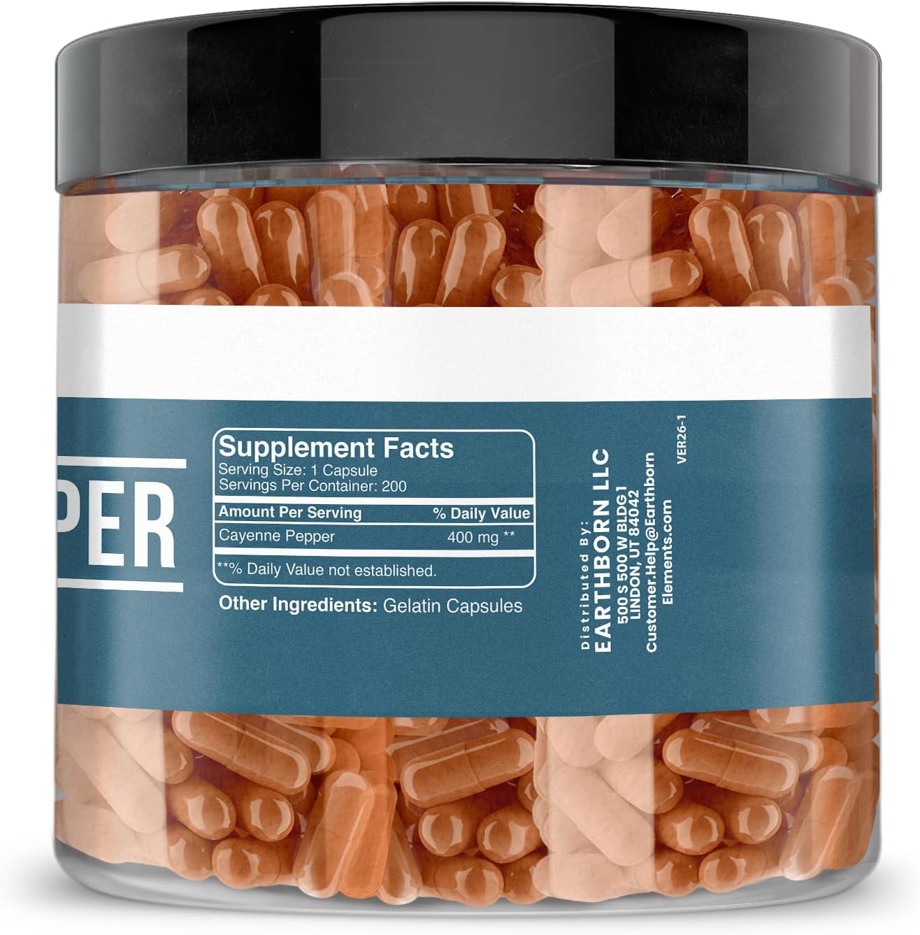 Earthborn Elements Cayenne Pepper 200 Capsules, Pure & Undiluted, No Additives