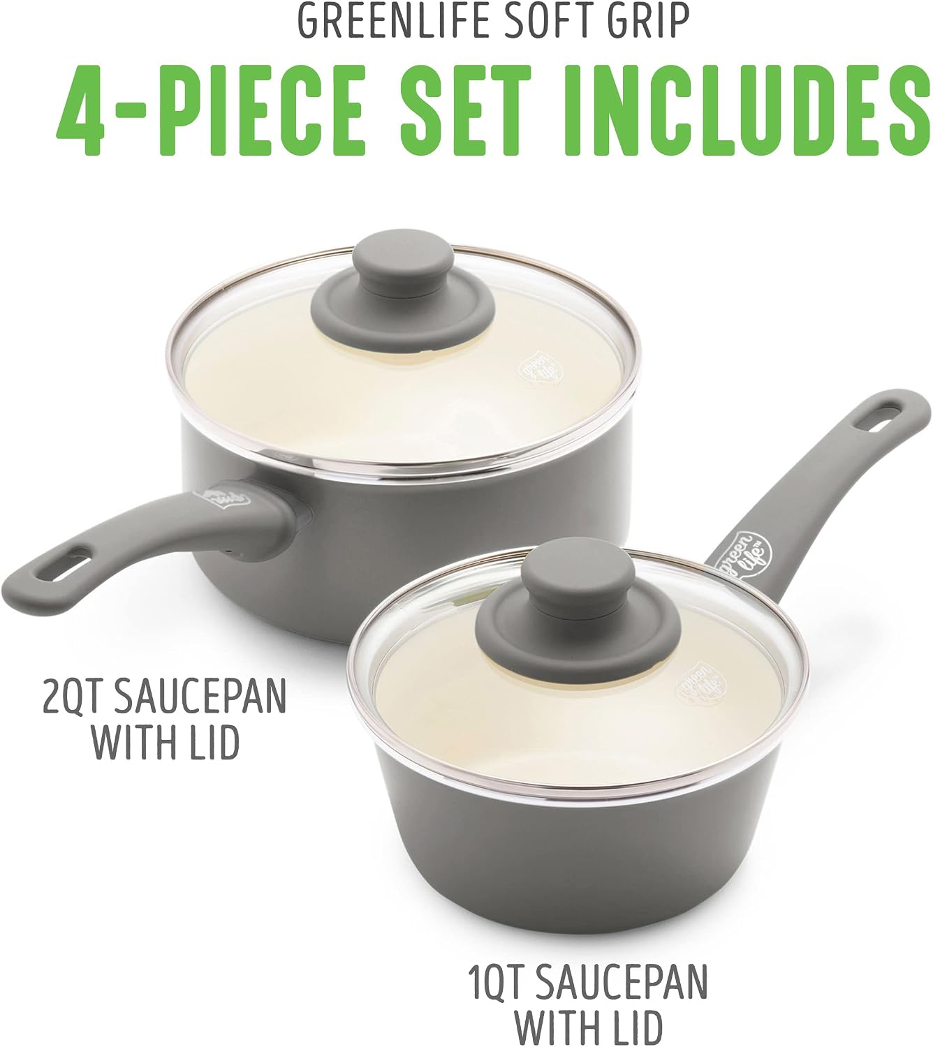 GreenLife Soft Grip 1QT and 2QT Saucepan Set, Healthy Ceramic Nonstick, Non Toxic PFAS & PFOA-Free, Dishwasher Safe, Glass Lids, Stay-Cool Handles, Easy Clean Cookware, Kitchen Essentials, Turquoise