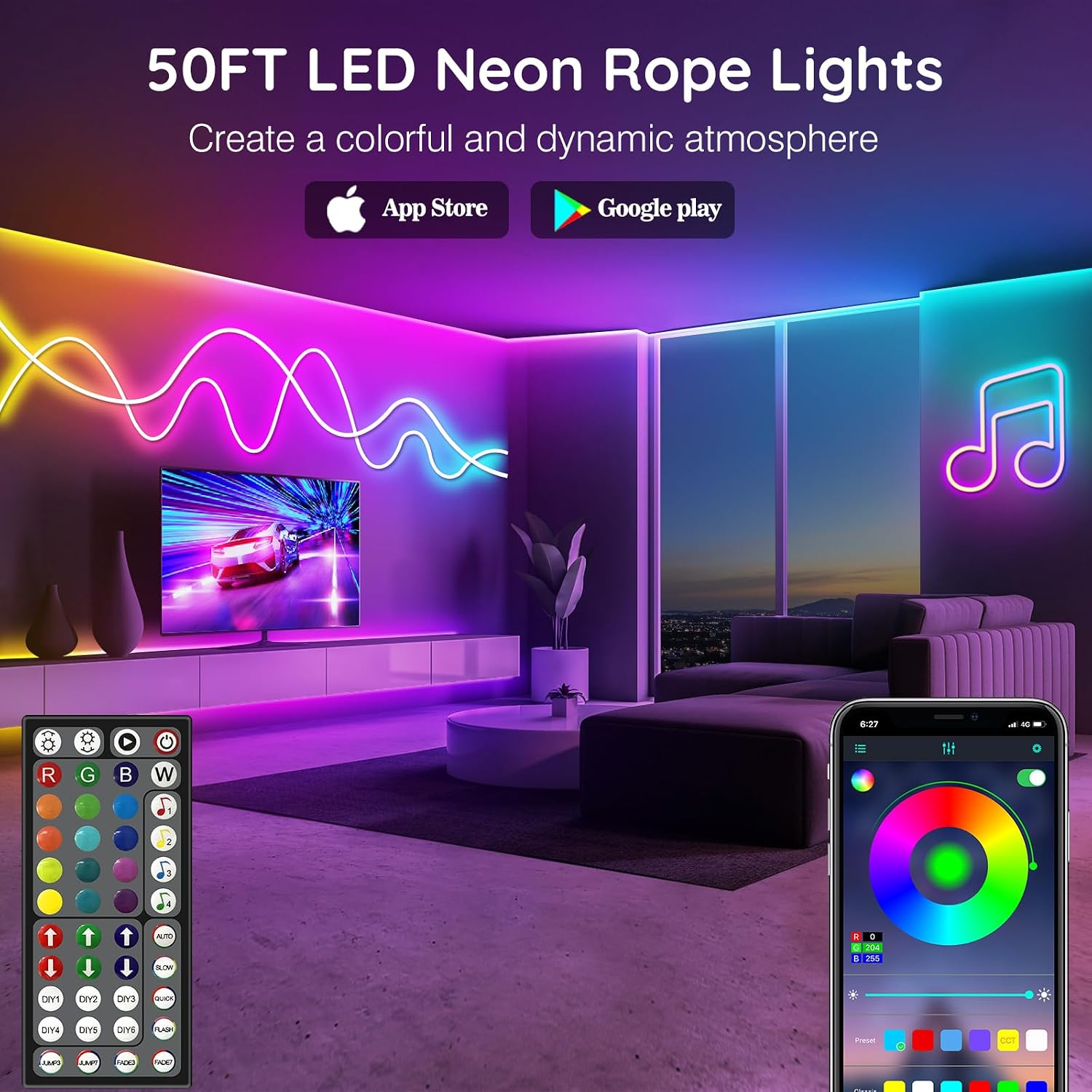 100ft Led Strip Lights, Long Smart Led Light Strips Music Sync 5050 RGB Color Changing Rope Lights