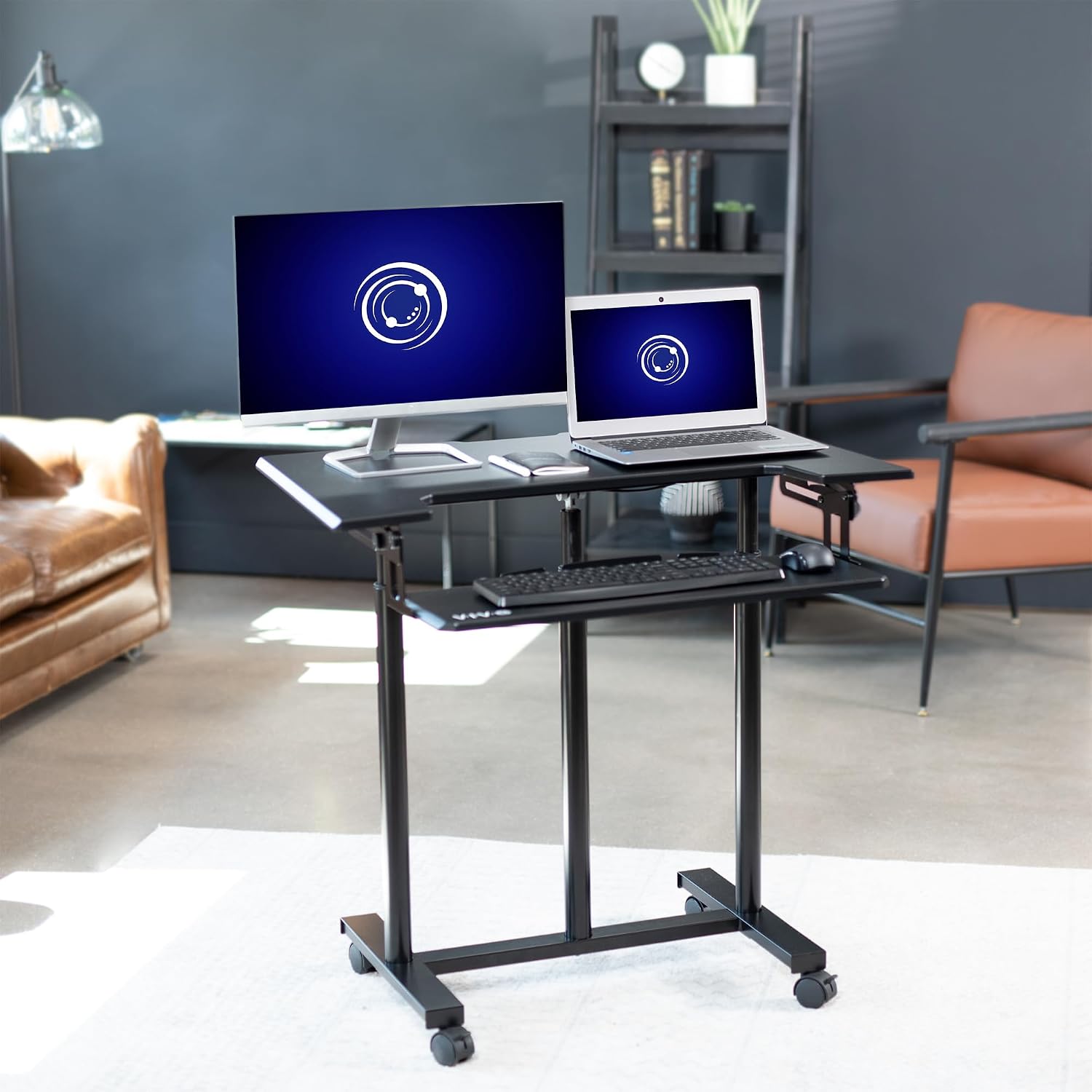 VIVO Mobile Height Adjustable Table, Stand Up Desk Cart with Sliding Keyboard Tray, Computer Workstation, Rolling Presentation Cart, Black