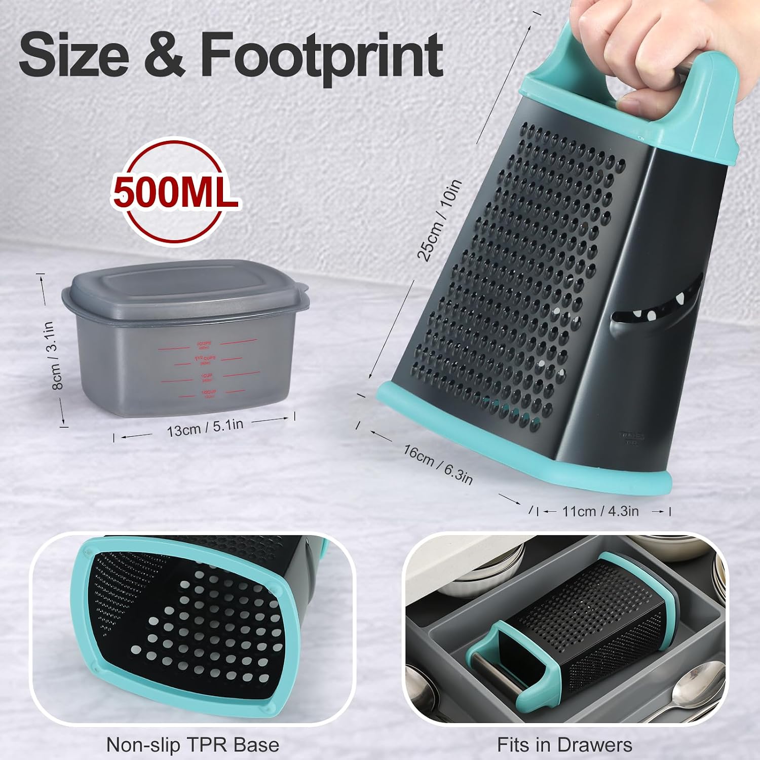 Ourokhome Cheese Grater with Handle, Stainless Steel Box Grater, 4 Side Kitchen Vegetable Shredder Slicer Zester with Container for Parmesan, Cabbage